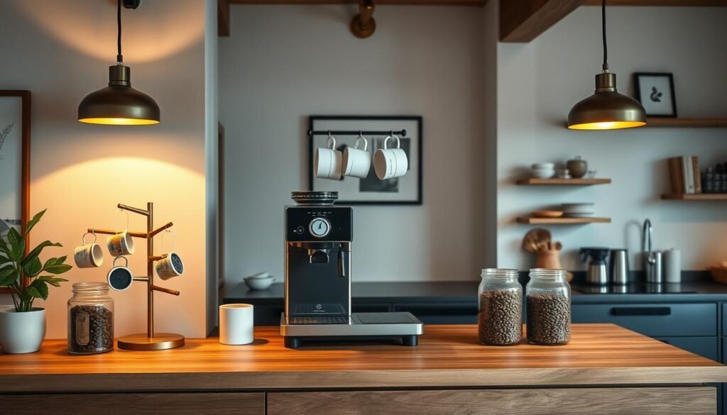 a stylish coffee bar in a cozy, modern kitchen interior. A wooden countertop with a sleek espresso machine, a minimalist mug tree, and a selection of premium coffee beans in glass jars. Warm ambient lighting from pendant lamps casts a soft glow, accentuating the natural textures of the space. On the walls, a simple yet elegant artwork or shelving unit displays decorative items that complement the cafe-inspired theme. The overall atmosphere is inviting, highlighting the sophisticated yet functional design of a perfect at-home coffee bar.