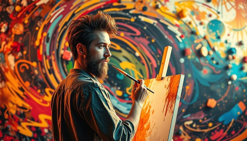 a vibrant and dynamic canvas painting with an artistic style development theme, featuring a central figure of an artist standing before an easel, paintbrush in hand, their face a canvas of creative expression. The background is a swirling kaleidoscope of colors, shapes, and textures, conveying the energy and evolution of the artistic process. Warm lighting casts a golden glow, illuminating the artist's focus and determination. The scene is captured from a slightly elevated angle, providing a sense of depth and perspective. The overall mood is one of inspiration, passion, and the boundless potential of artistic expression.