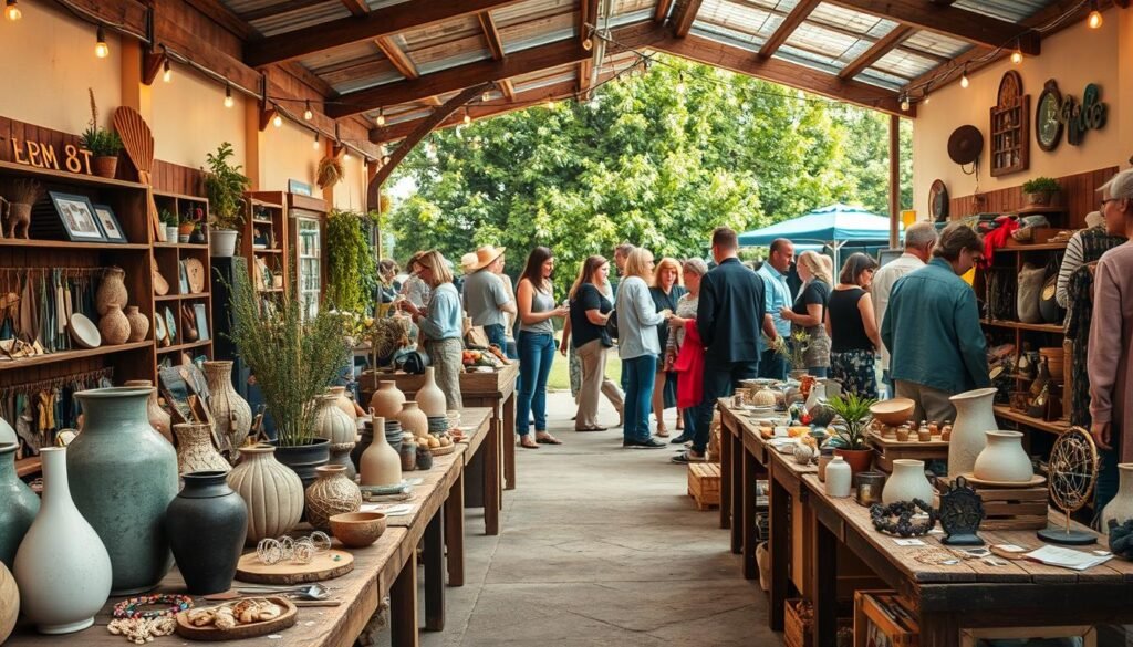 a vibrant and unique DIY crafts market, set in a cozy outdoor space with a warm, natural lighting. The foreground features an array of handmade products displayed on rustic wooden tables, including decorative vases, jewelry, knitted accessories, and upcycled home decor. In the middle ground, artisans and shoppers mingle, creating a lively atmosphere of creativity and community. The background showcases a backdrop of lush greenery, with string lights hanging overhead, casting a soft, ambient glow. The overall scene conveys a sense of artisanal charm, where the beauty of handcrafted items takes center stage.