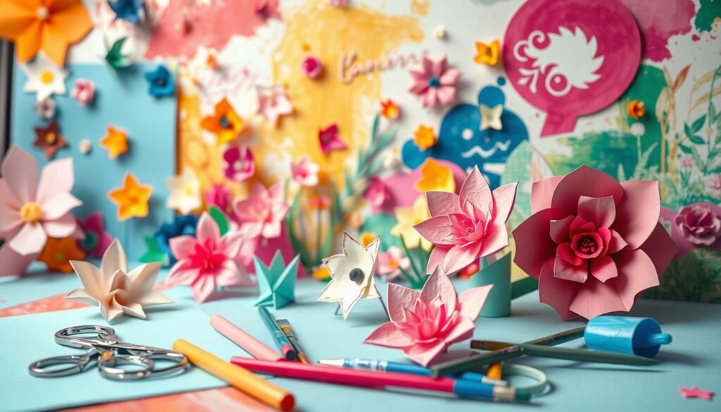 a vibrant and whimsical paper art scene, with colorful origami shapes, paper cutouts, and painted textures filling the frame. a variety of crafting materials like scissors, brushes, and paper sheets are arranged in the foreground, hinting at the creative process. the middle ground features delicate paper flowers, abstract paper sculptures, and vibrant painted backgrounds. the lighting is soft and diffused, creating a warm and inviting atmosphere. the angle is slightly elevated, allowing the viewer to observe the playful, handmade nature of the paper art projects. the overall mood is one of artistic expression, DIY creativity, and a sense of joy and experimentation.