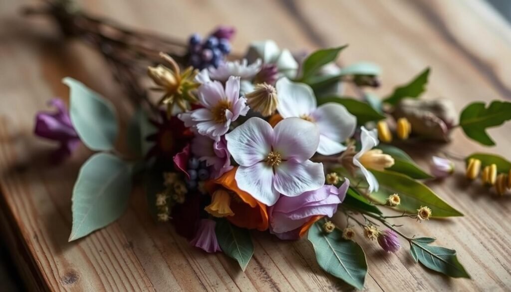a well-lit, close-up photograph of a pressed flower craft tutorial, showing a delicate bouquet of dried flowers, leaves, and petals carefully arranged on a wooden surface with natural textures. The flowers are thoughtfully positioned to create a visually appealing and harmonious composition, with a soft, natural lighting that highlights the intricate details and colors of the botanical elements. The scene conveys a sense of tranquility and a connection to the natural world, perfectly suiting the "Incorporating Nature and Floral Elements in Your Crafts" section of the article.