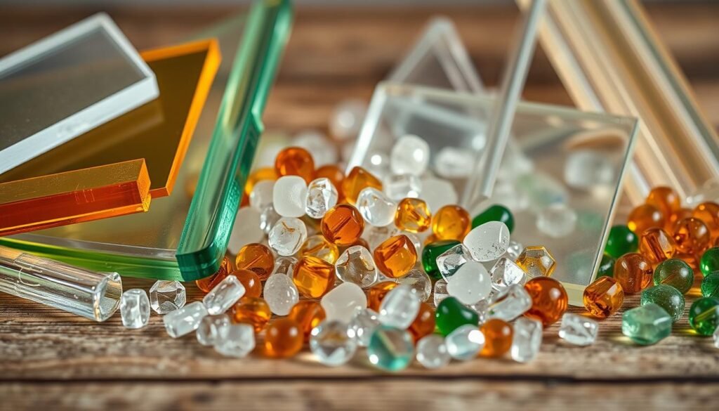 a well-lit, close-up still life composition of various glass frame materials including flat glass panes, glass rods, glass beads, and glass nuggets in a range of transparent, translucent, and opaque textures and colors such as clear, frosted, amber, and green, arranged artfully on a simple wooden surface or table, with soft, directional lighting highlighting the unique qualities and details of the materials, creating a sense of depth, dimension, and a delicate, elegant aesthetic suitable for a craft or DIY project