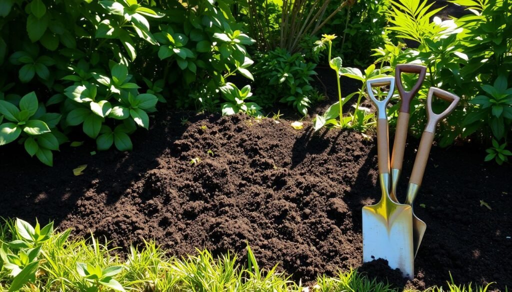a well-tended garden, lush and verdant, with a freshly applied layer of dark, rich compost covering the soil. The compost is evenly distributed, creating a smooth, uniform surface that seamlessly blends into the surrounding plants and foliage. Sunlight filters through the leaves, casting a warm, natural glow over the scene. In the foreground, gardening tools - a shovel, rake, and trowel - stand upright, signifying the recent completion of the compost application process. The overall atmosphere exudes a sense of harmony and productivity, hinting at the transformative power of this organic amendment in creating a thriving, eco-friendly oasis.