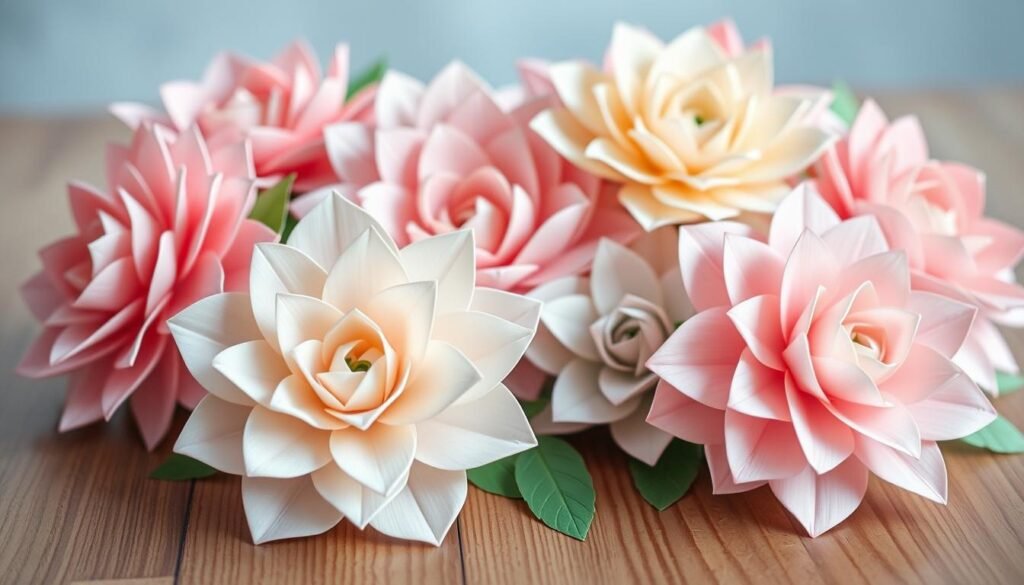 paper flower gift toppers, beautifully arranged on a wooden surface, with a soft, diffused lighting highlighting the delicate textures and intricate folds of the paper blooms. The flowers are in a range of pastel hues, including soft pinks, creams, and subtle greens, creating a harmonious and elegant composition. The background is slightly blurred, allowing the paper flowers to take center stage, showcasing their handcrafted charm and artisanal appeal. The overall mood is one of tranquility and creativity, perfectly capturing the essence of a thoughtful DIY craft project.
