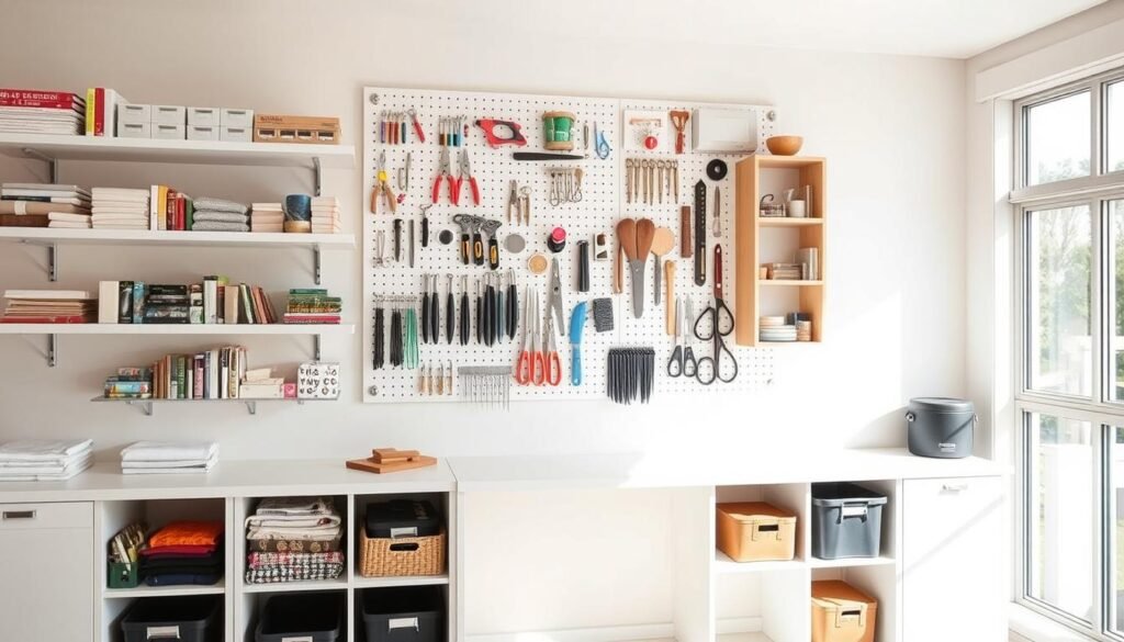 wall storage solutions for a craft room, featuring a mix of floating shelves, pegboards, and open cubbies in a bright, airy space with natural light filtering in through large windows. The shelves display a variety of craft supplies, neatly organized and easily accessible. The pegboard is adorned with various tools and utensils, creating a visually appealing and functional display. The open cubbies below hold larger items like fabrics, books, and project bins. The overall design is minimalist and modern, complementing the creative and inspirational atmosphere of the craft room.