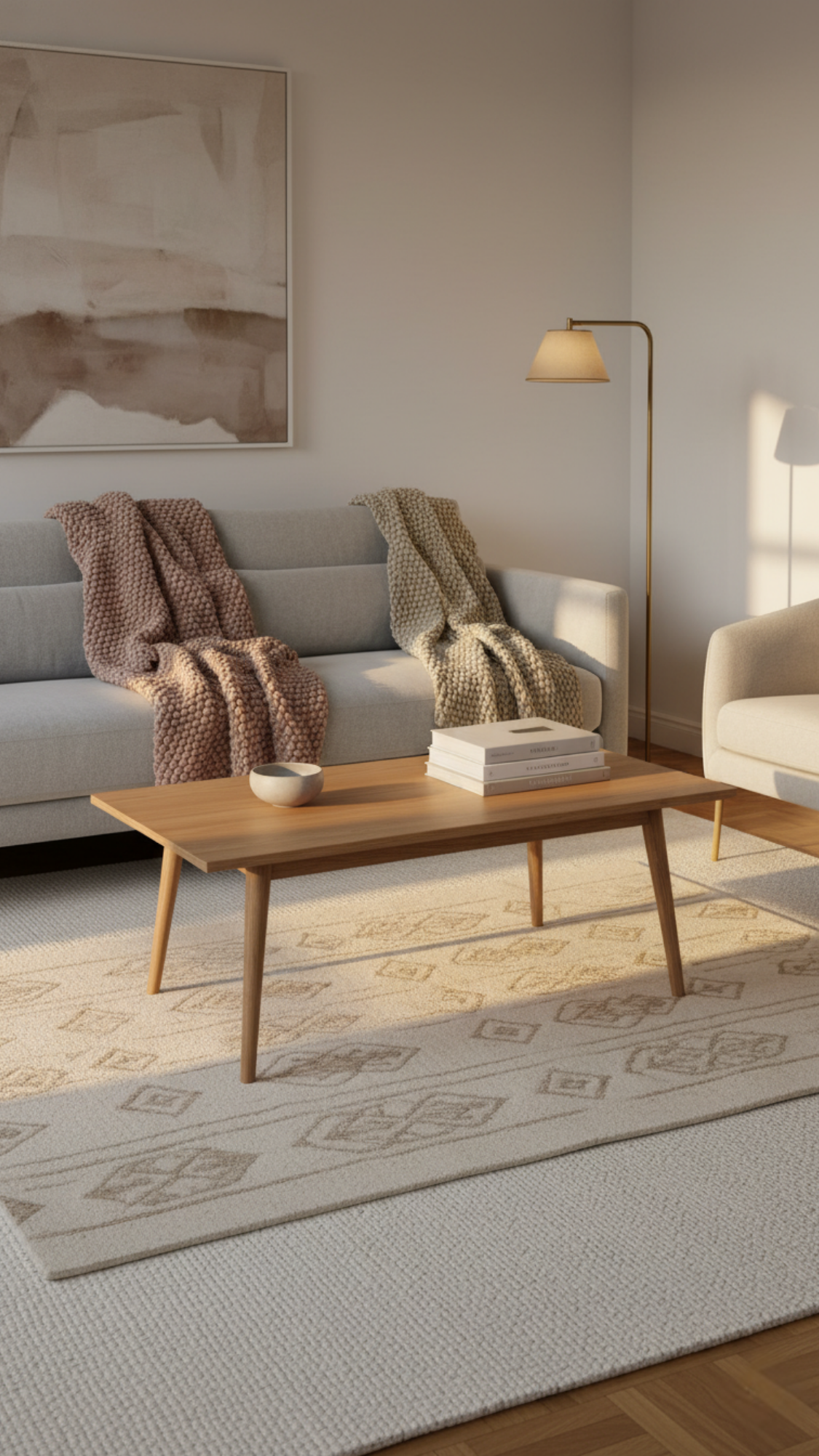 Layered rugs: jute base with smaller patterned wool rug anchoring a cozy seating area.
