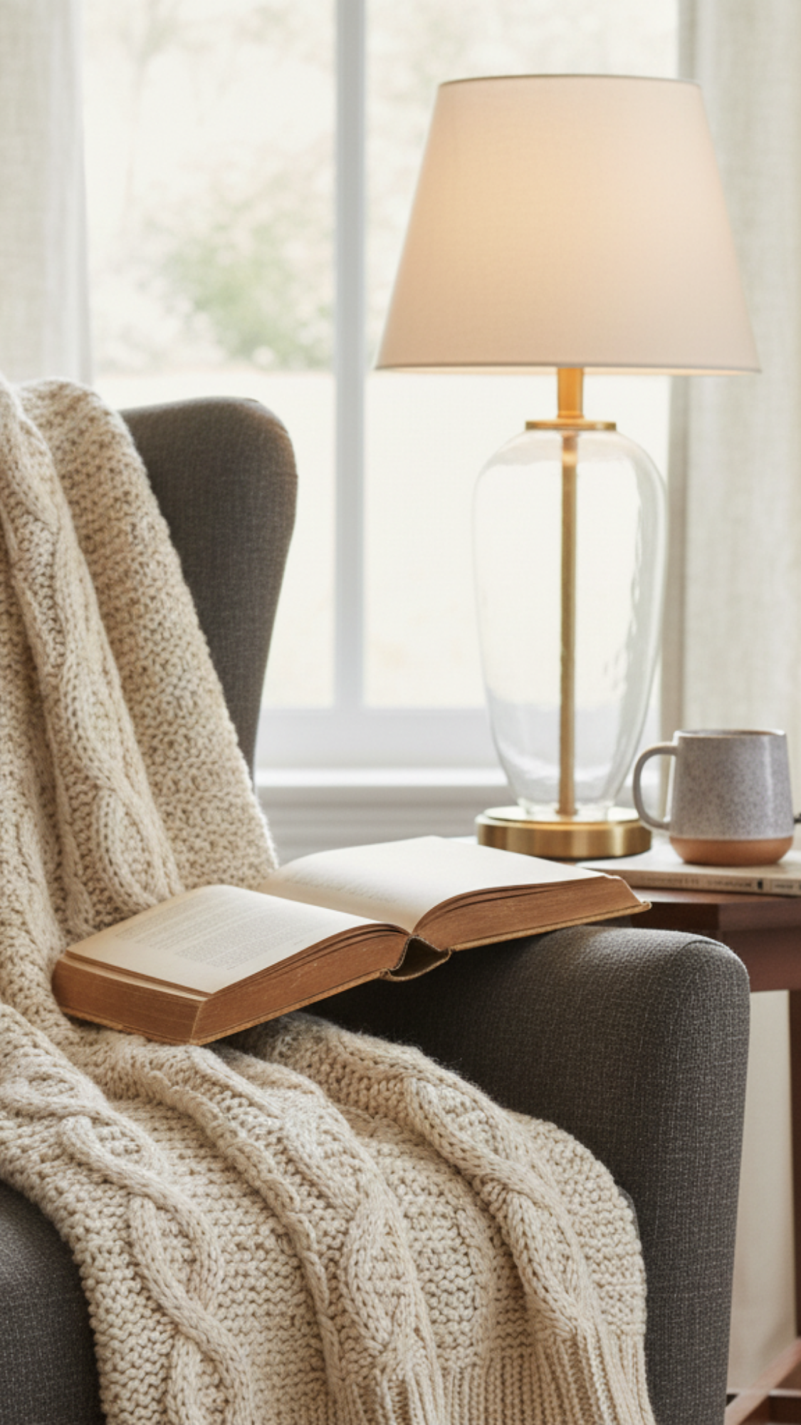 Inviting reading nook with comfy chair, lumbar pillow, throw and warm table lamp.
