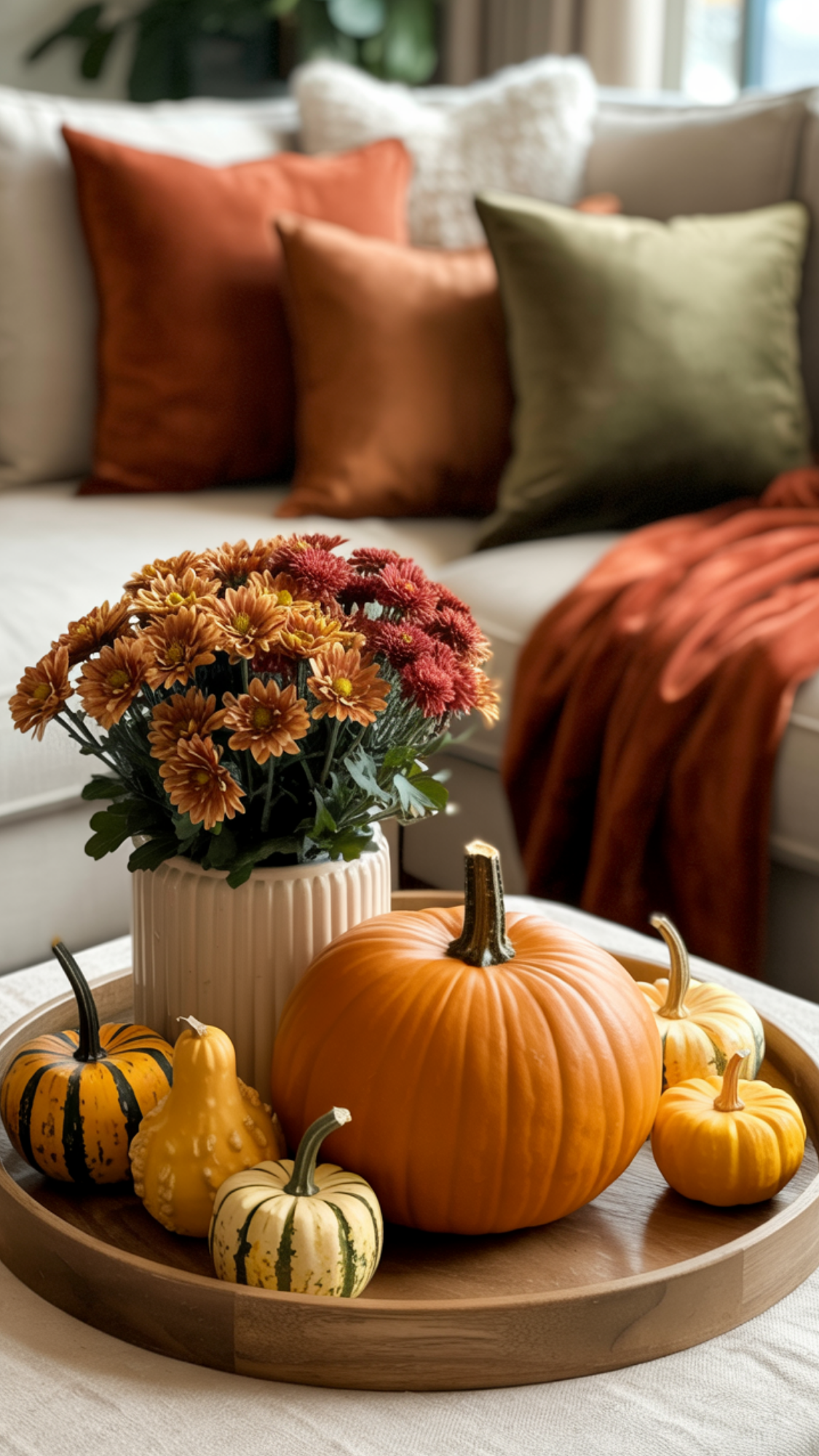 Curated fall vignette: one heirloom pumpkin, mini gourds and a potted mum on a tray.
