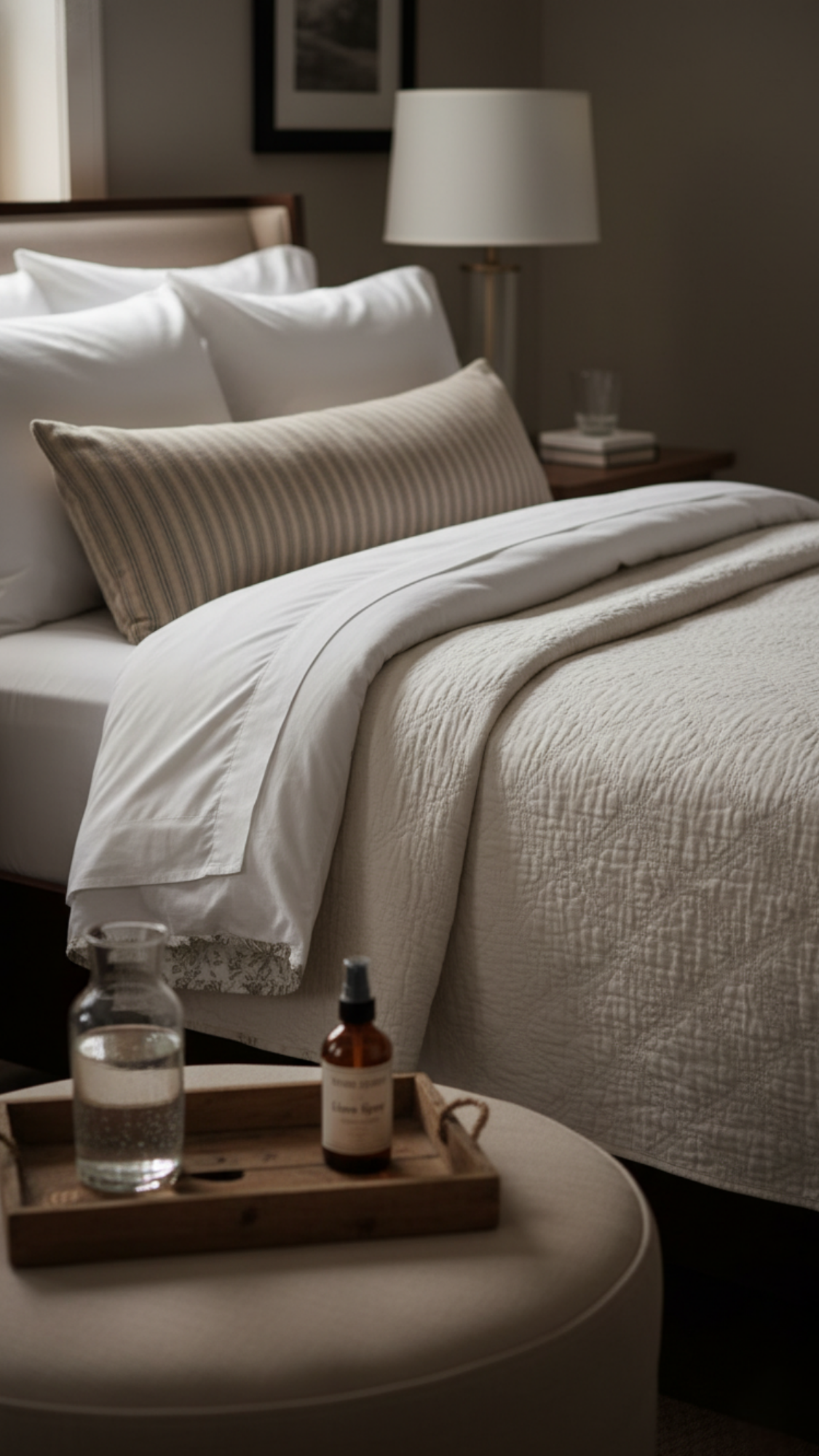 Cozy fall bed layered with flannel sheets, quilt and folded duvet, finished with Euro shams and lumbar.
