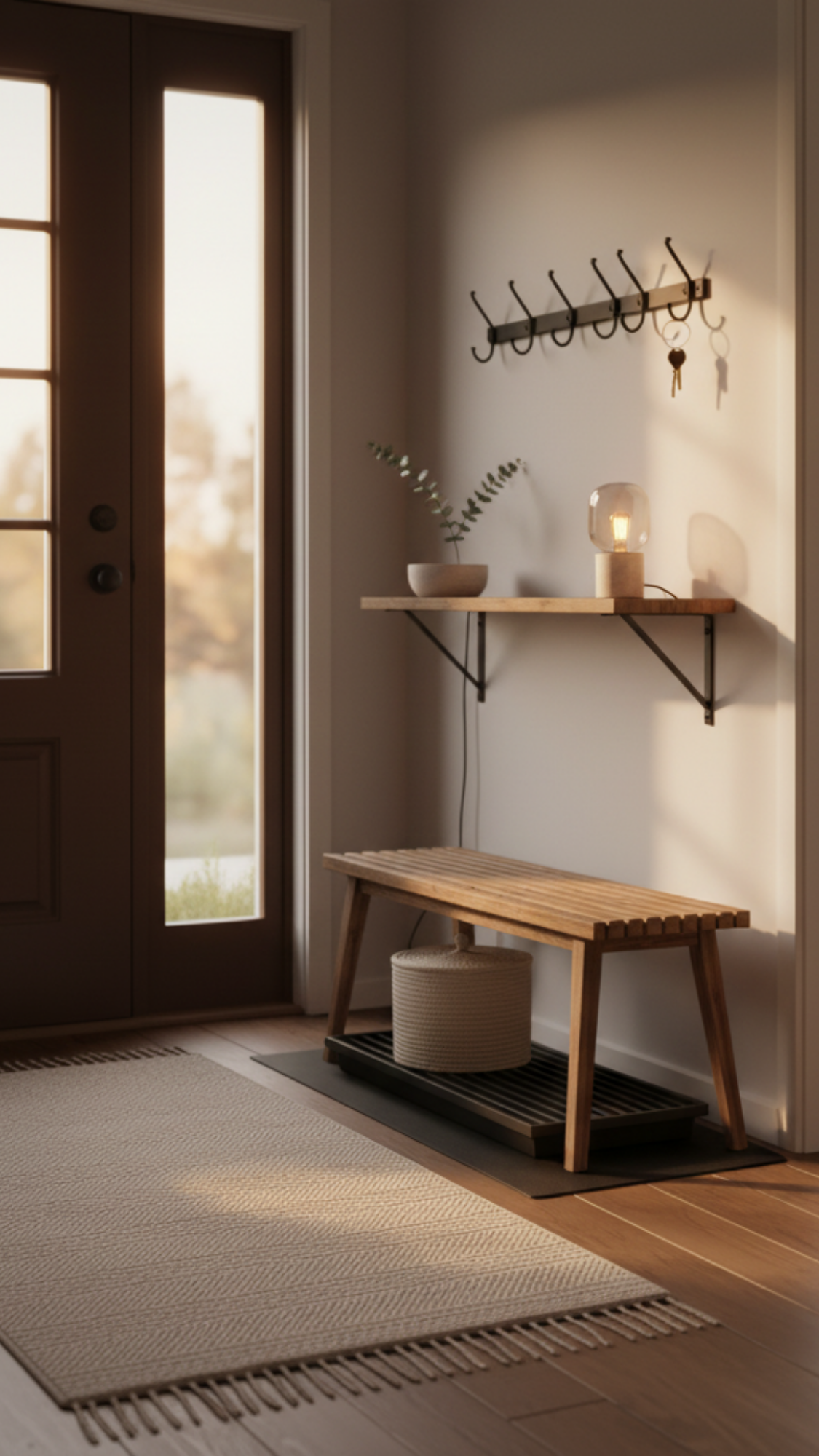 Welcoming entryway with hook rail, washable runner, small lamp and catch-all bowl.
