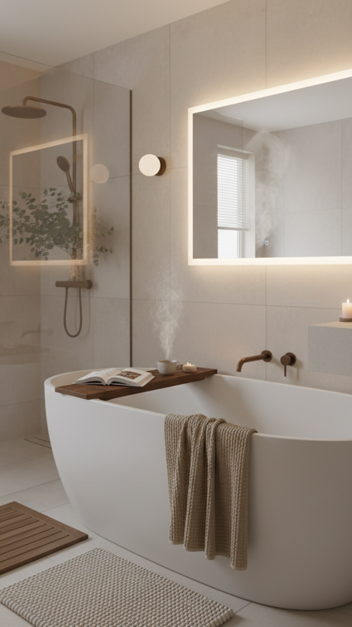 Spa-style bathroom setup with ribbed towels, eucalyptus bundle and amber glass bottles.

