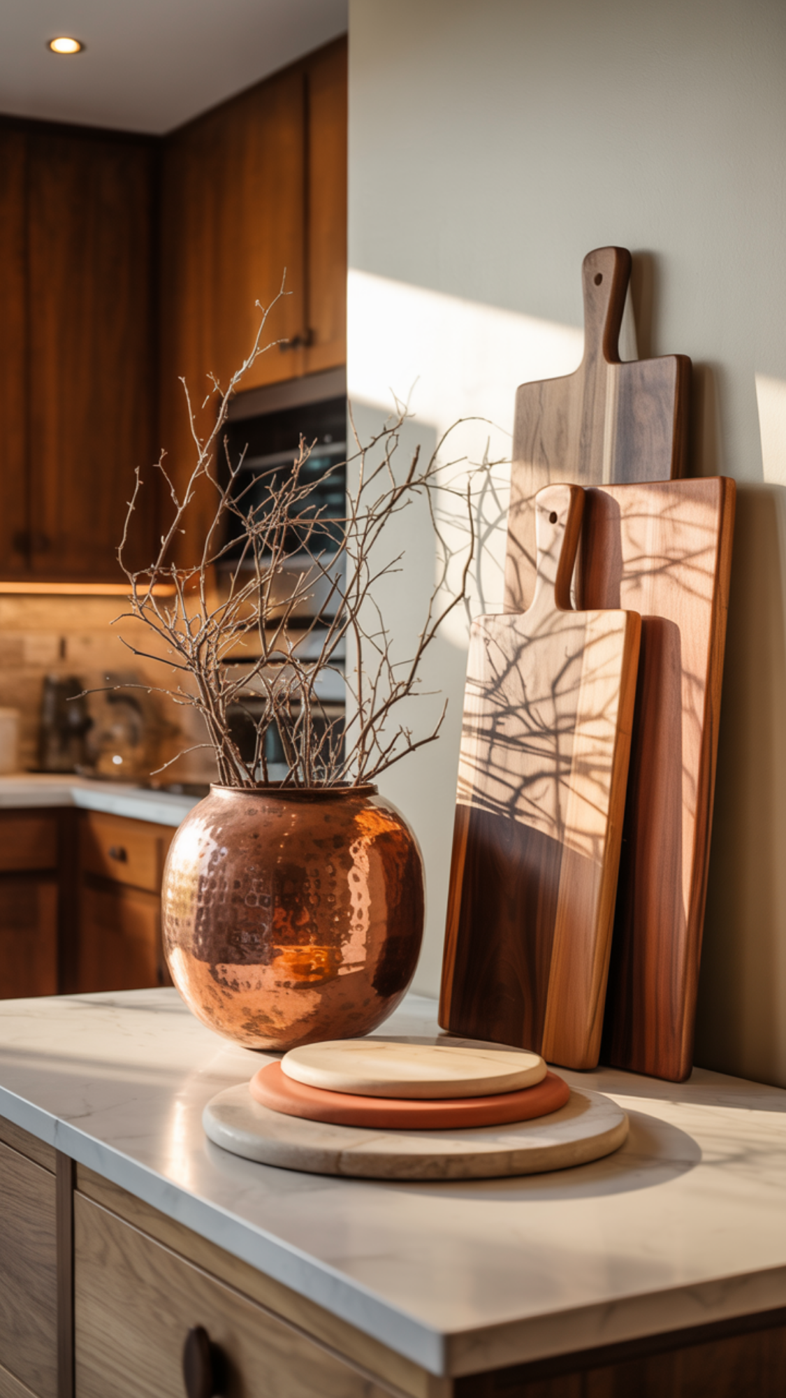 Kitchen vignette with copper utensils, stacked wood cutting boards and a linen towel.
