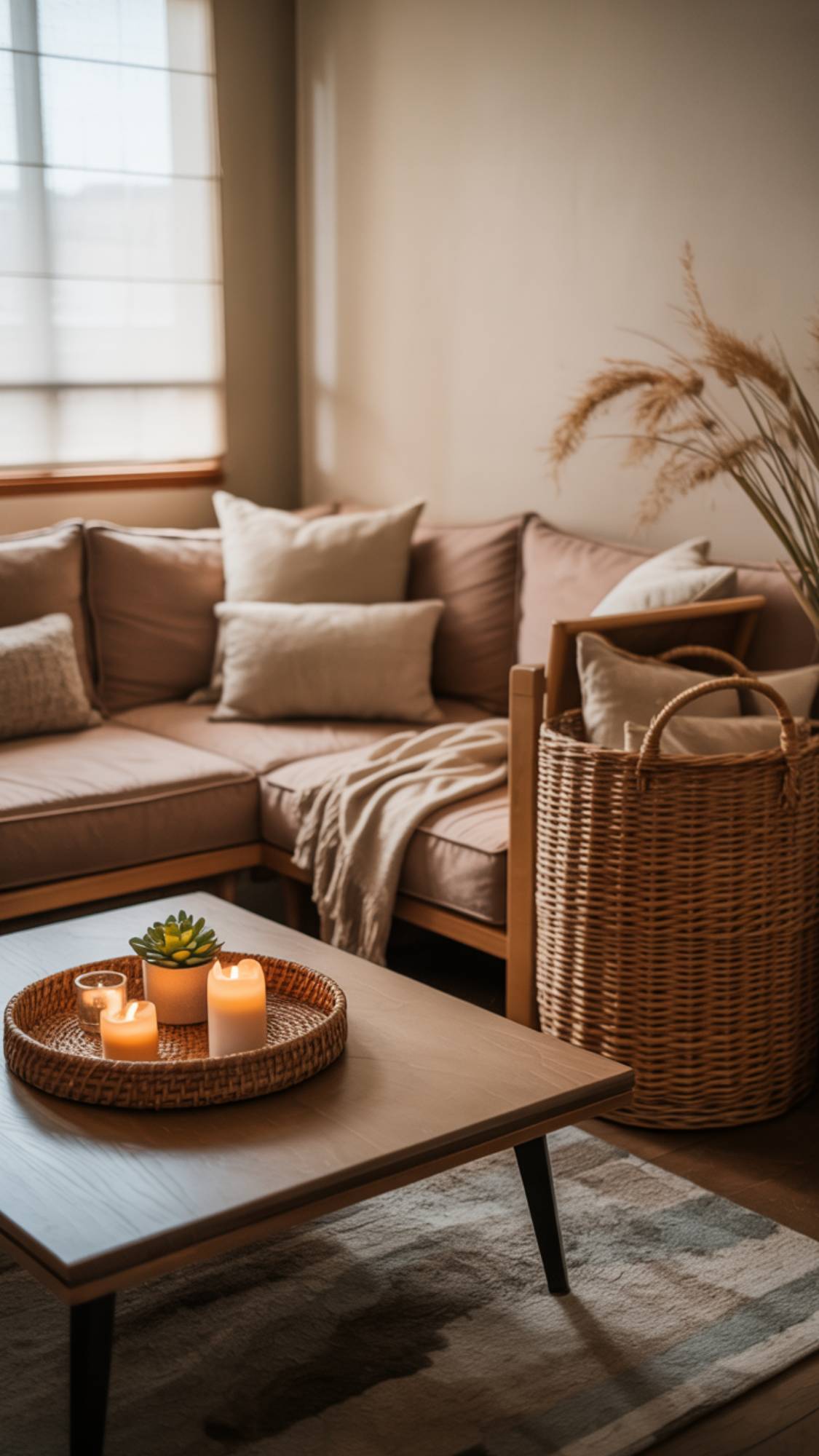 Woven baskets beside the sofa holding folded throws for easy, cozy reach.

