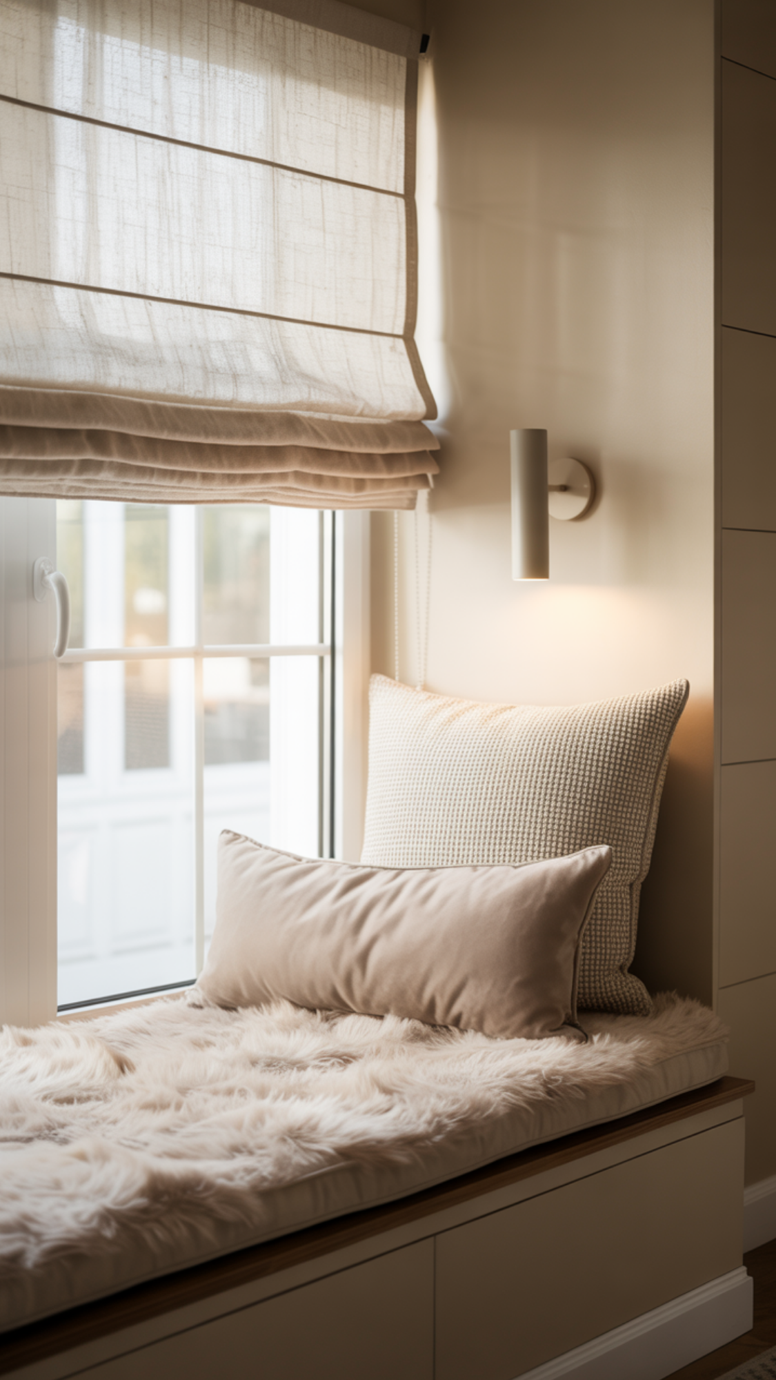 Window bench with cushion, throw, pillows and a plug-in sconce for an evening perch.
