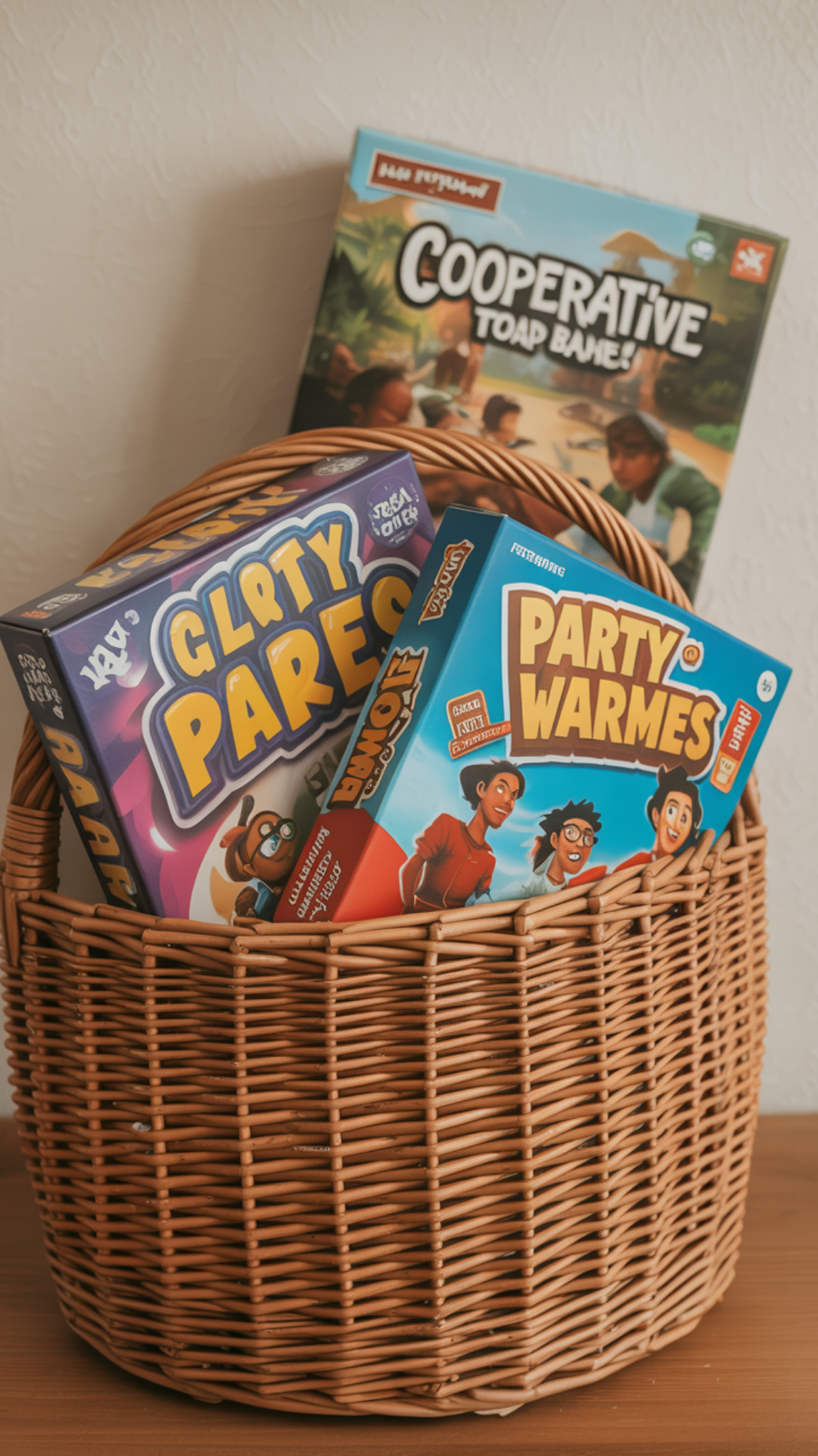 Game-night basket with cards, dominoes, dice and small bowls on a coffee table.
