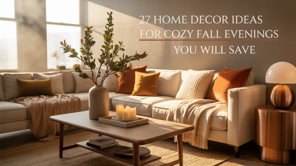 Golden-hour living room styled for fall: cream sectional with rust and mustard pillows, knit throws, wood coffee table with candles, branch vase, and a copper lamp; text overlay reads “27 Home Decor Ideas for Cozy Fall Evenings You Will Save.”