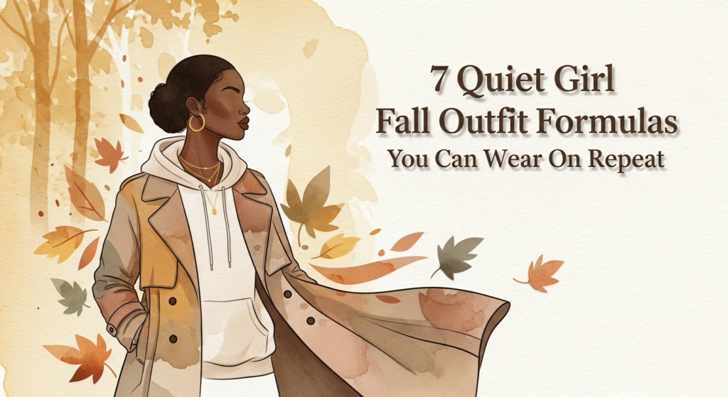 Photoreal fall scene of a beautiful Black woman in a chocolate hoodie and tan trench on a leafy sidewalk; the title and subtitle appear clearly in the top-left of the image.