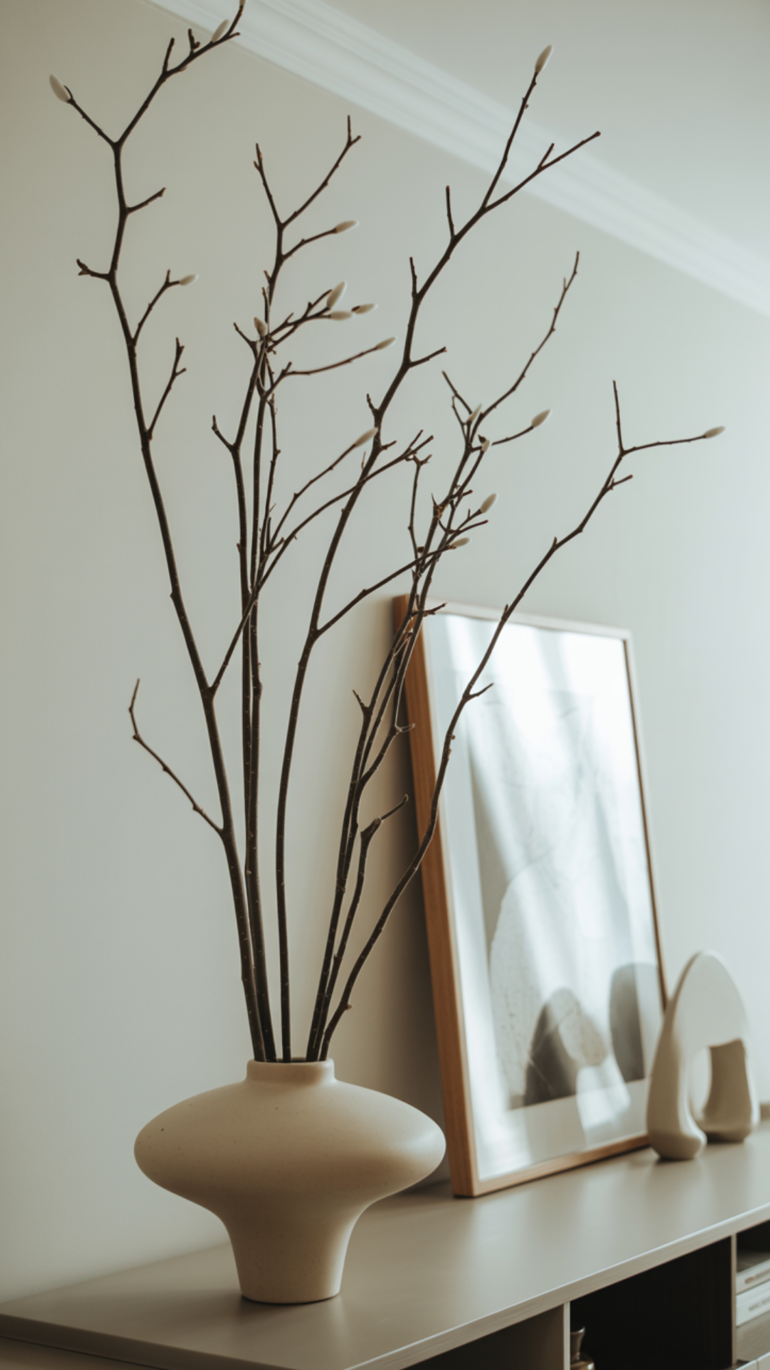 Tall magnolia and eucalyptus branches in a ceramic vase styling a mantel for fall.

