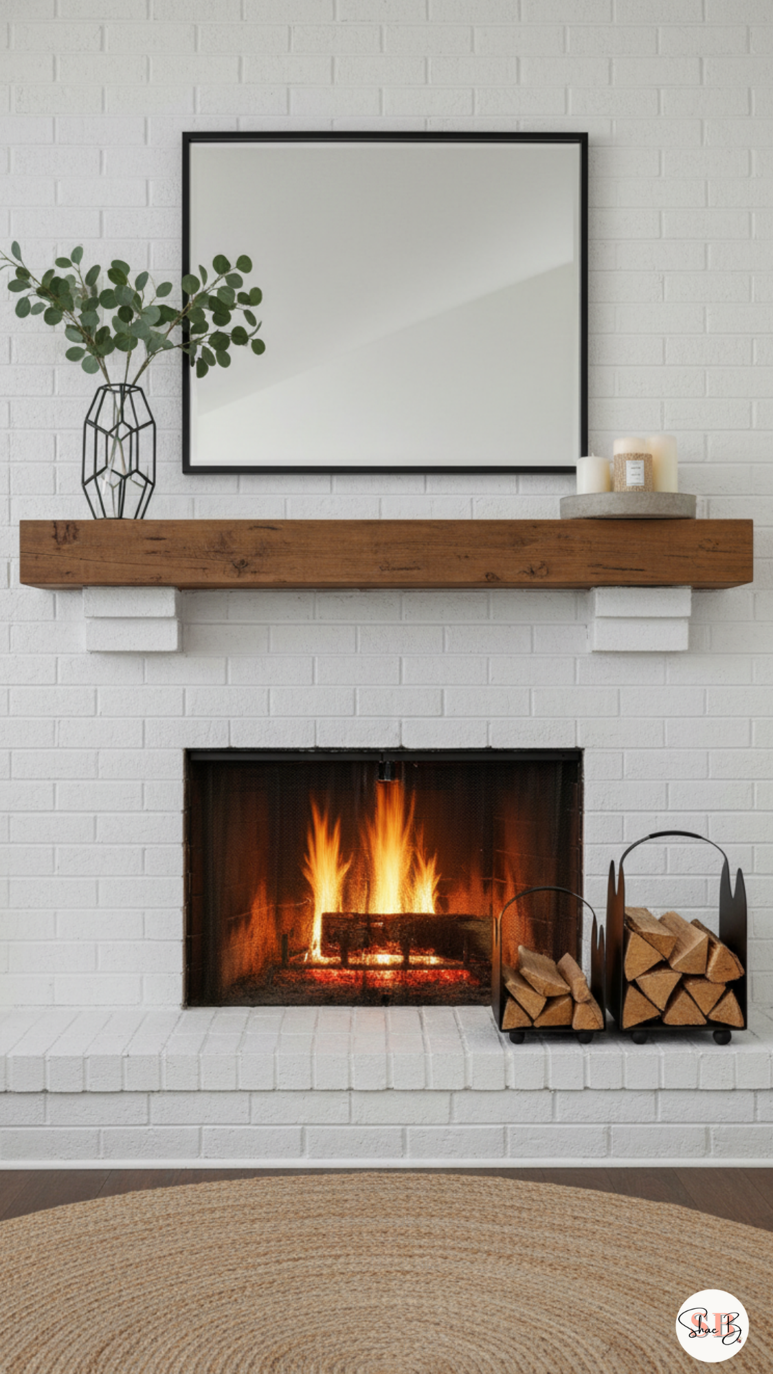 Fall fireplace mantel with leaning art, tall vase of branches and a trio of candles.
