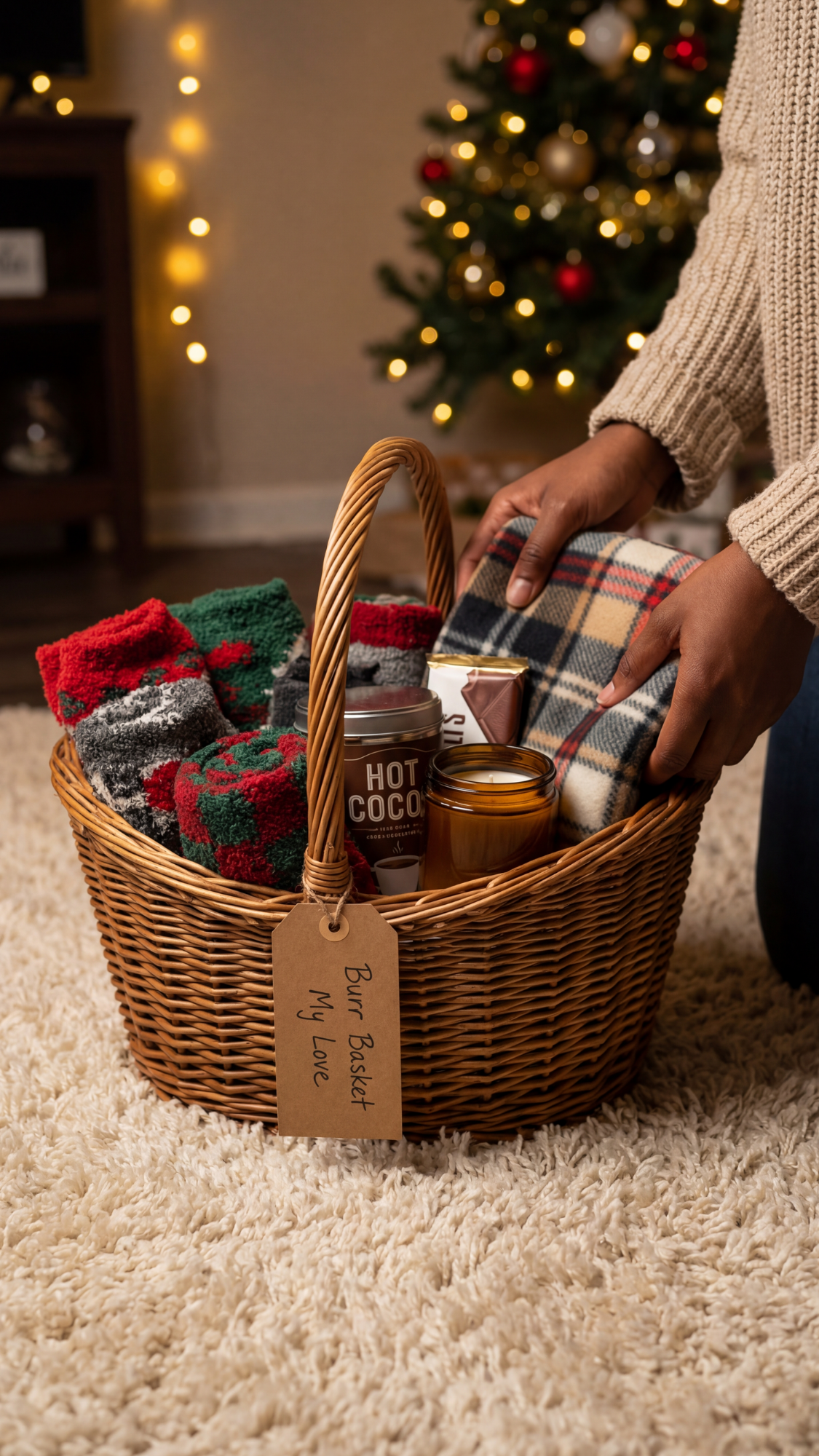 “Cozy winter homemade gift for boyfriend — burr basket with blanket, fuzzy socks, hot cocoa and snacks.”