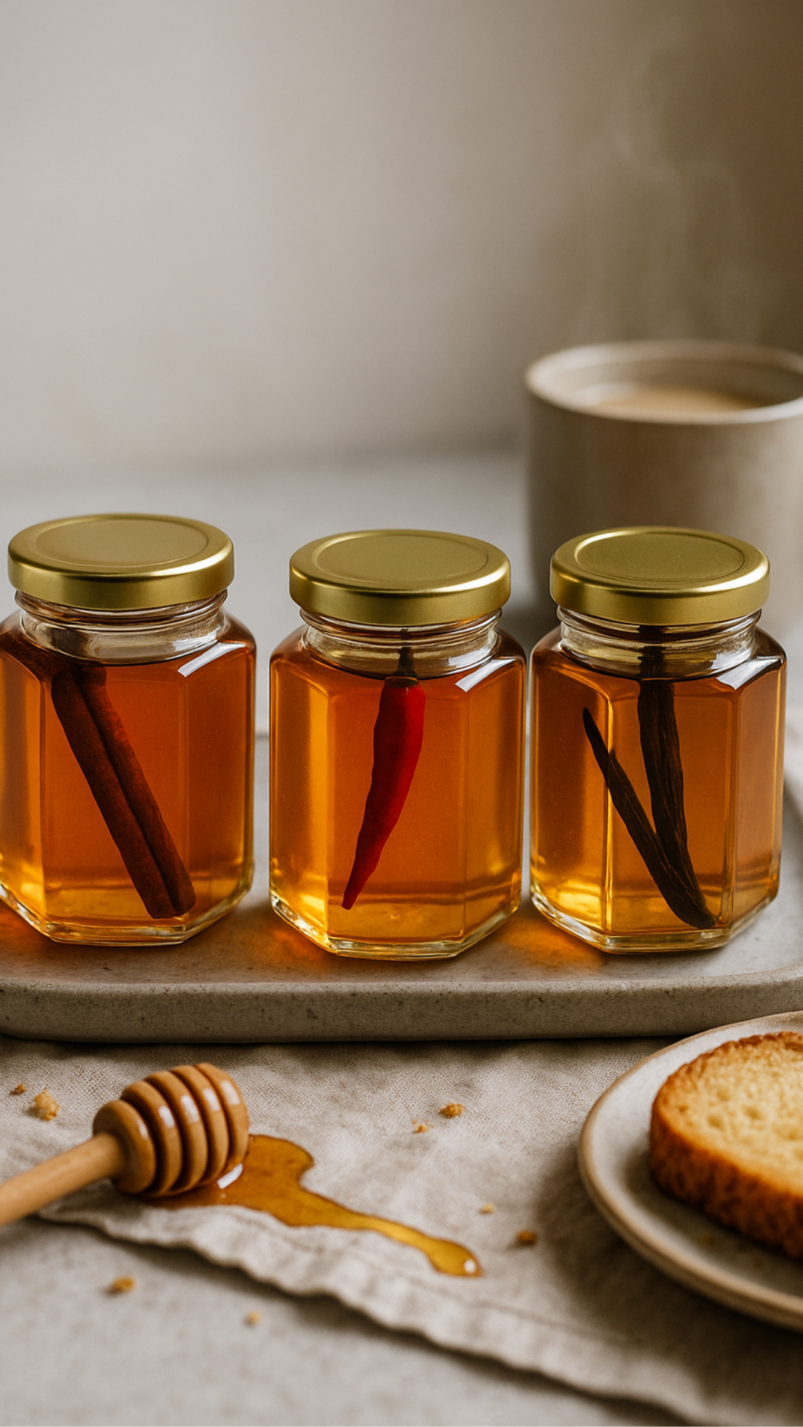 Infused Honey Trio — three small jars of honey labeled cinnamon, chili, and vanilla with a wood dipper.
