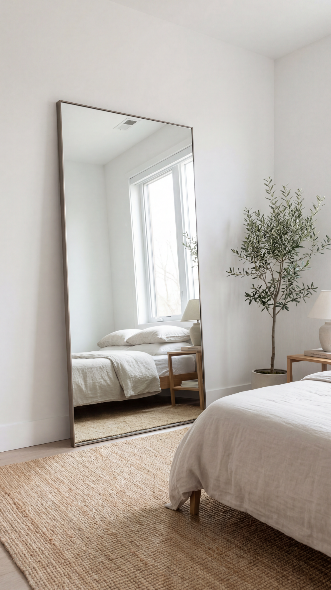 Small bedroom with large floor mirror reflecting light and making the compact room feel brighter and more spacious