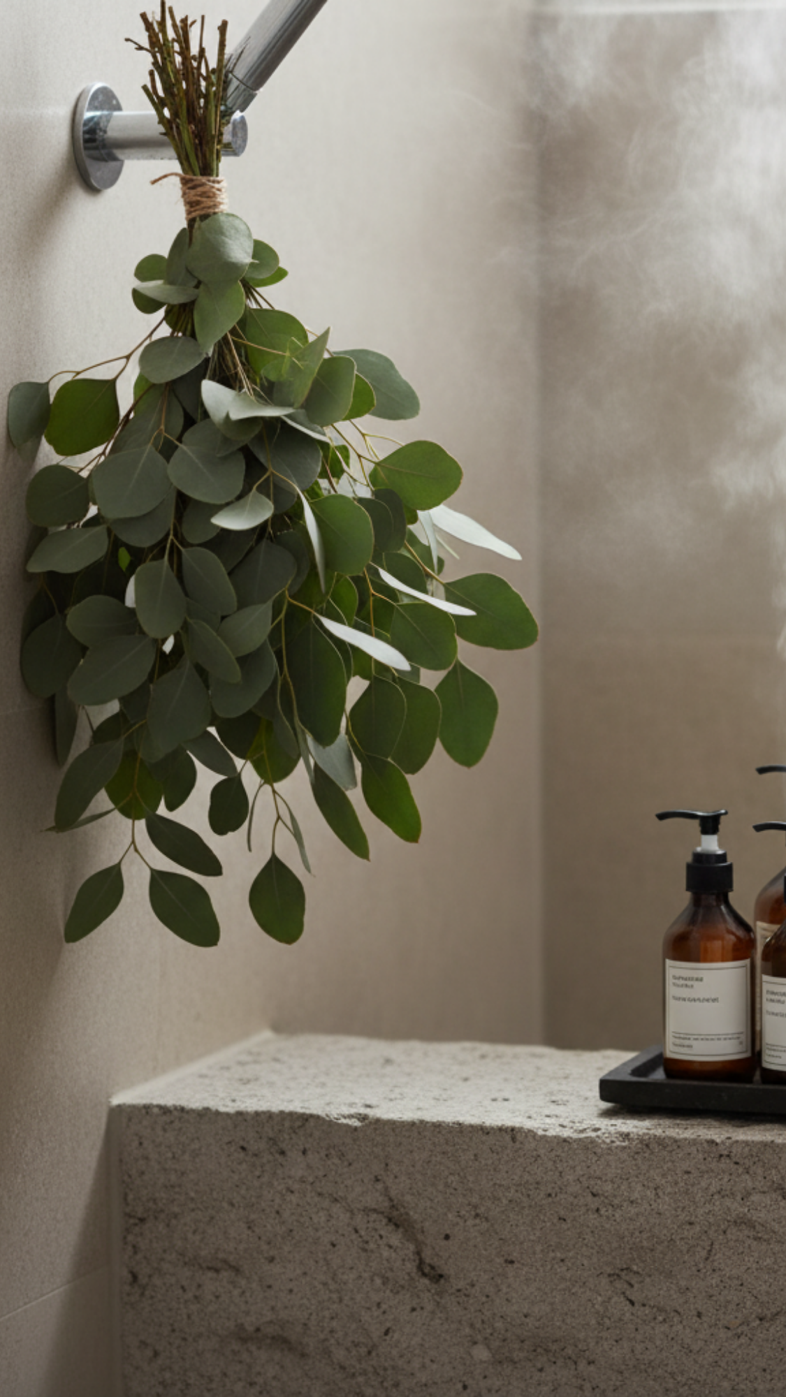 Eucalyptus Shower Bundle — fresh eucalyptus bouquet tied with twine and an S-hook, ready to hang.
