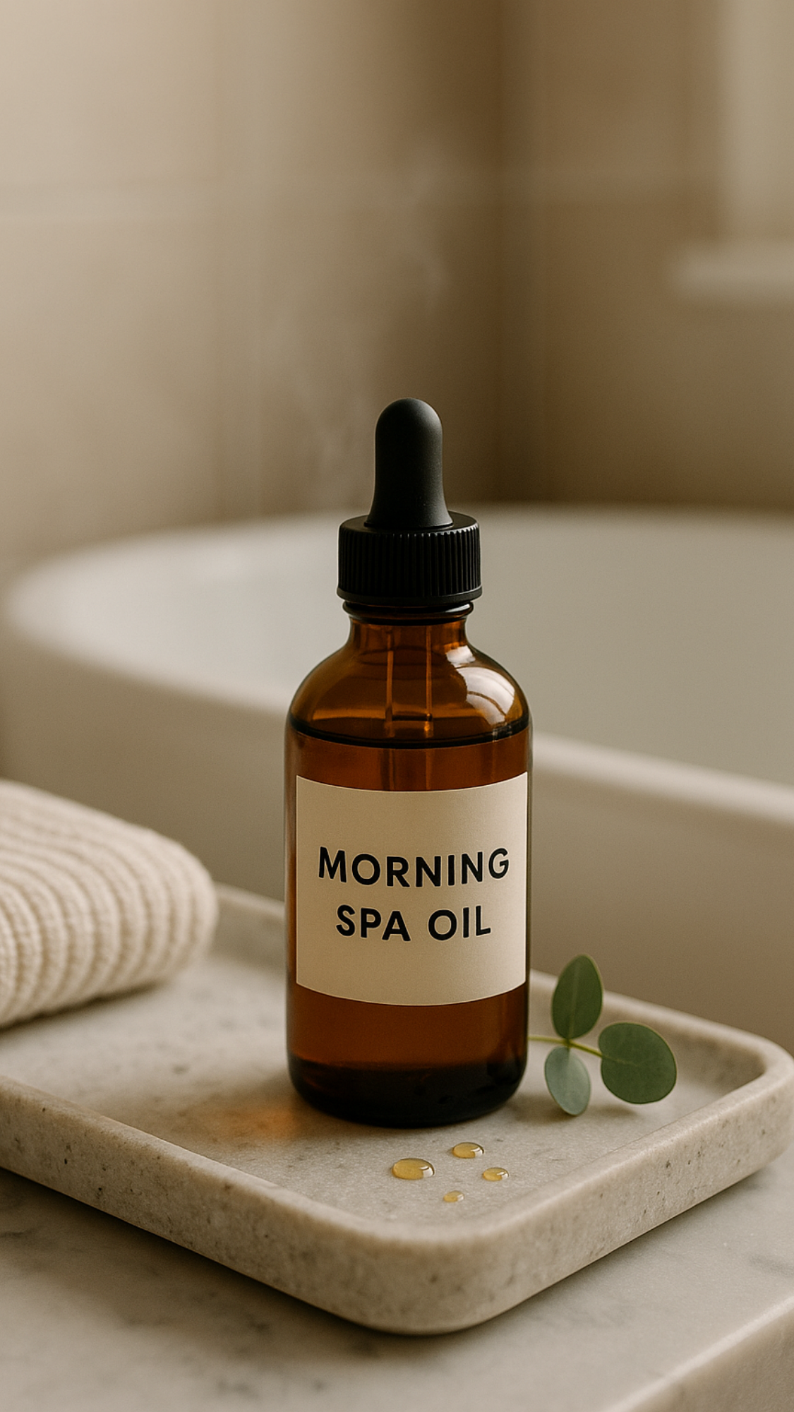 Morning Spa Oil — amber dropper bottle of lavender-vanilla body oil with simple usage label.
