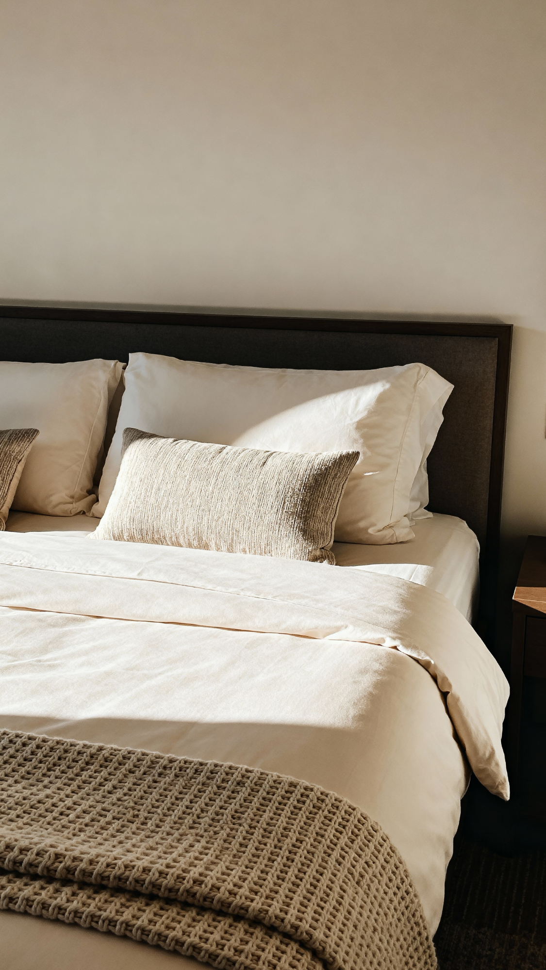 Small bedroom with crisp white bedding, neutral throw, and minimal pillows keeping the bed calm and uncluttered