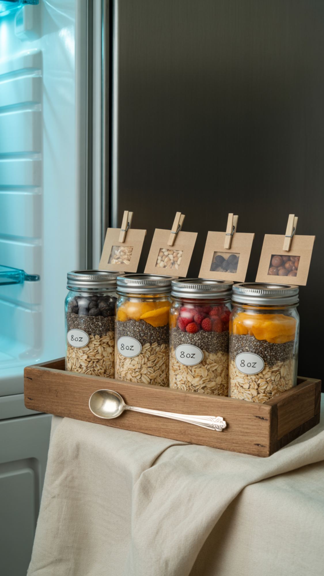 Oatmeal Breakfast Jars — four 8-oz jars preloaded with oats and mix-ins, arranged in a small caddy.
