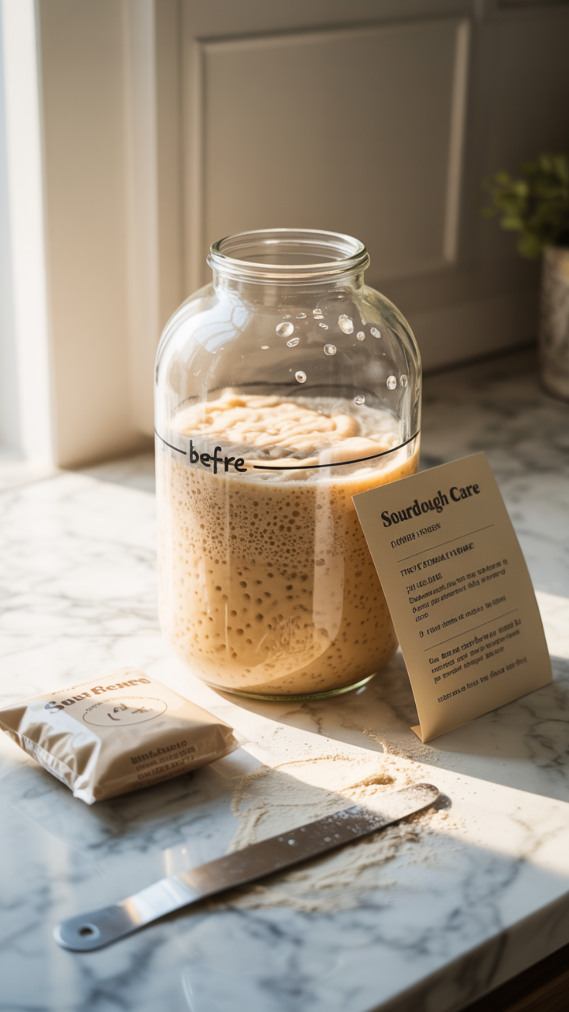 Sourdough Starter + Care Card — bubbling starter in a glass jar with a rubber-band rise marker and card.
