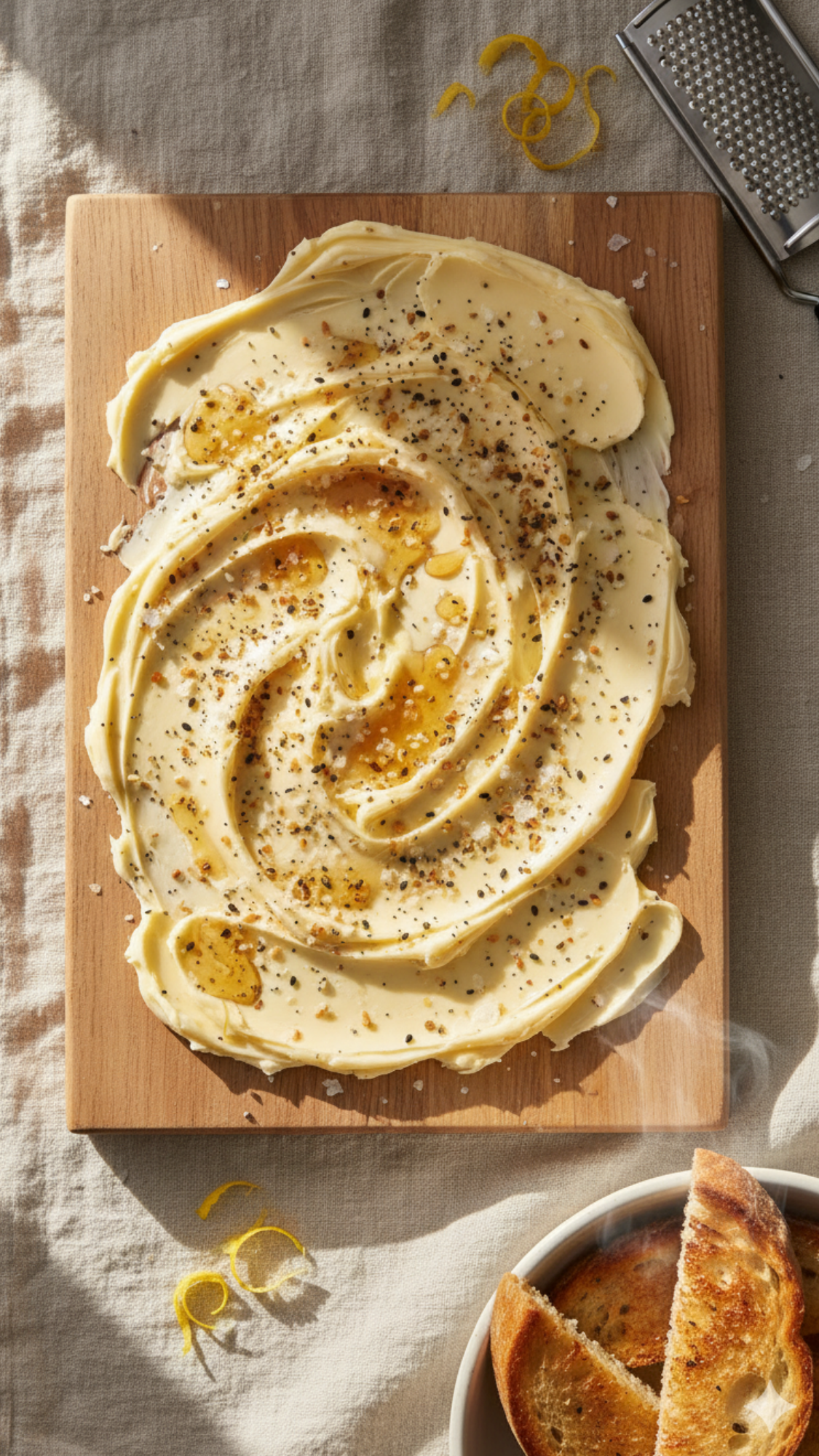Butter Board Kit — small board with swooshed butter, flake salt, everything spice, lemon zest, and honey.
