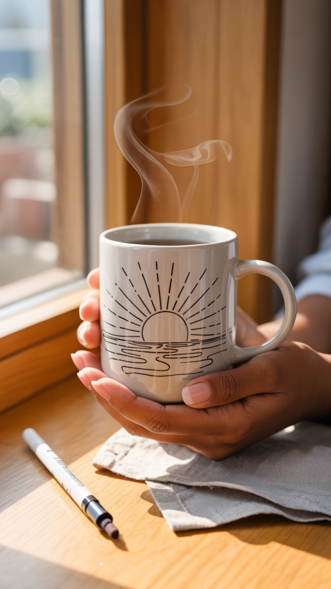 Personalized Mug — white ceramic mug with minimal hand-drawn design made using an oil-based marker.
