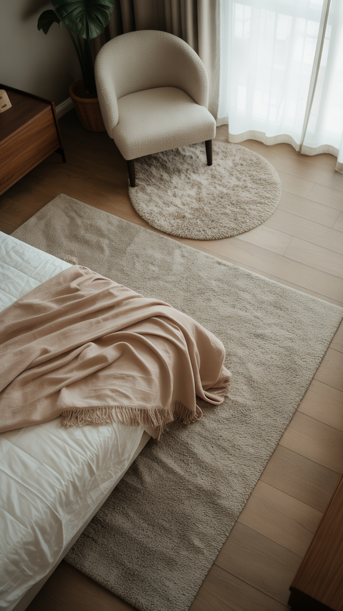 Small bedroom with area rug under the bed and smaller accent rug creating defined sleep and sitting zones