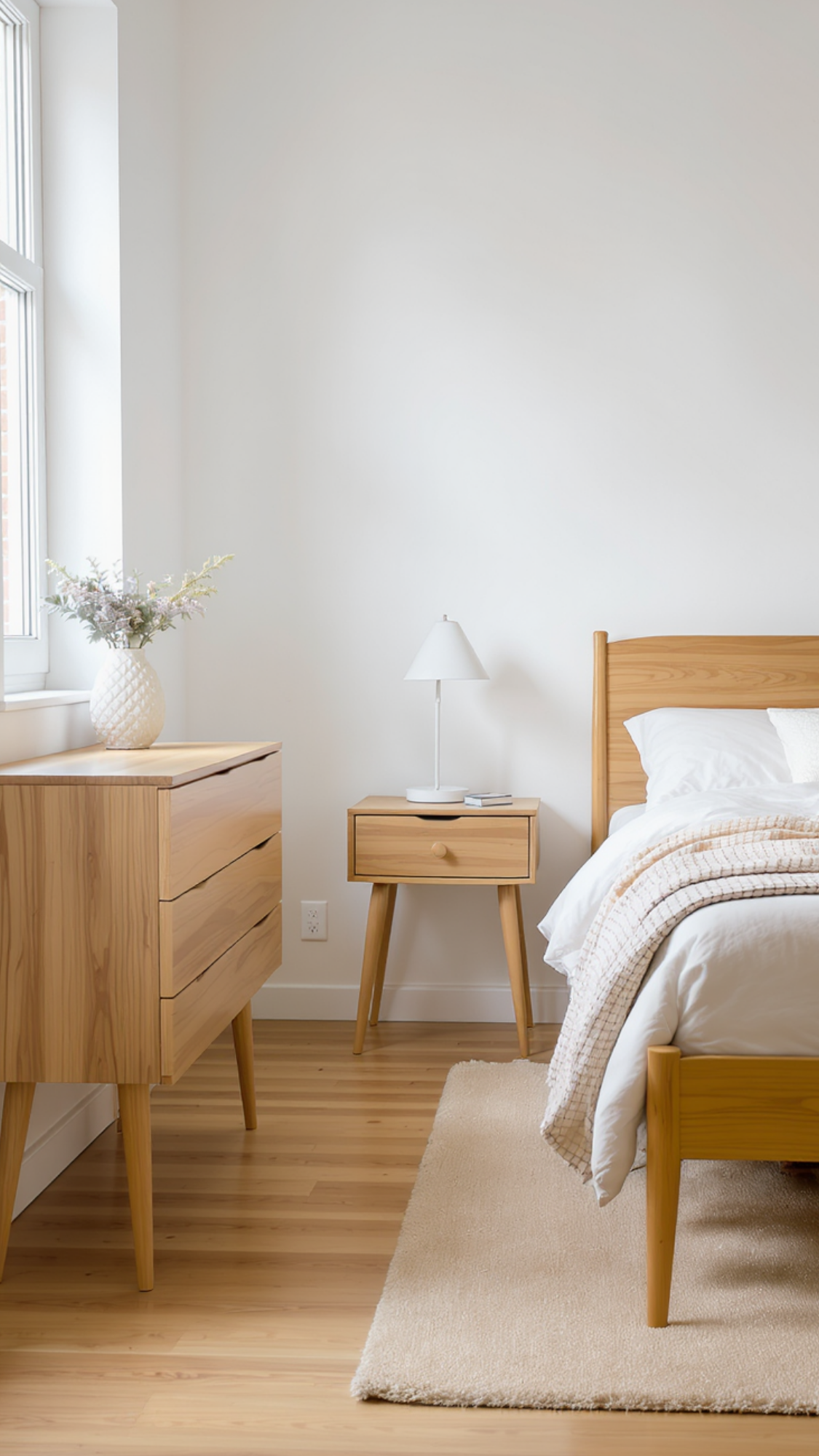 Compact bedroom with slim bed frame and leggy dresser showing more floor to make the small room feel open