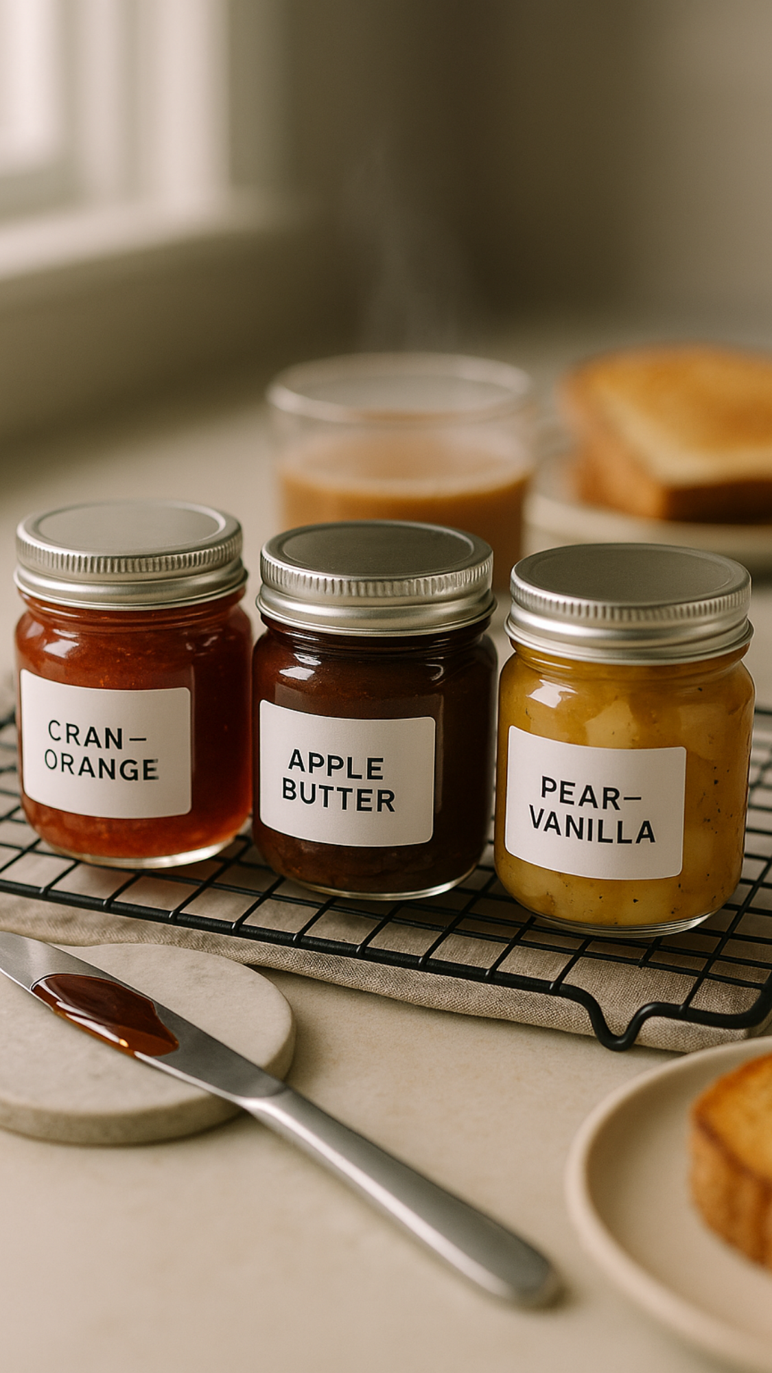 Breakfast Jam Trio — three mini jars labeled Cran-Orange, Apple Butter, and Pear–Vanilla, neatly packaged.
