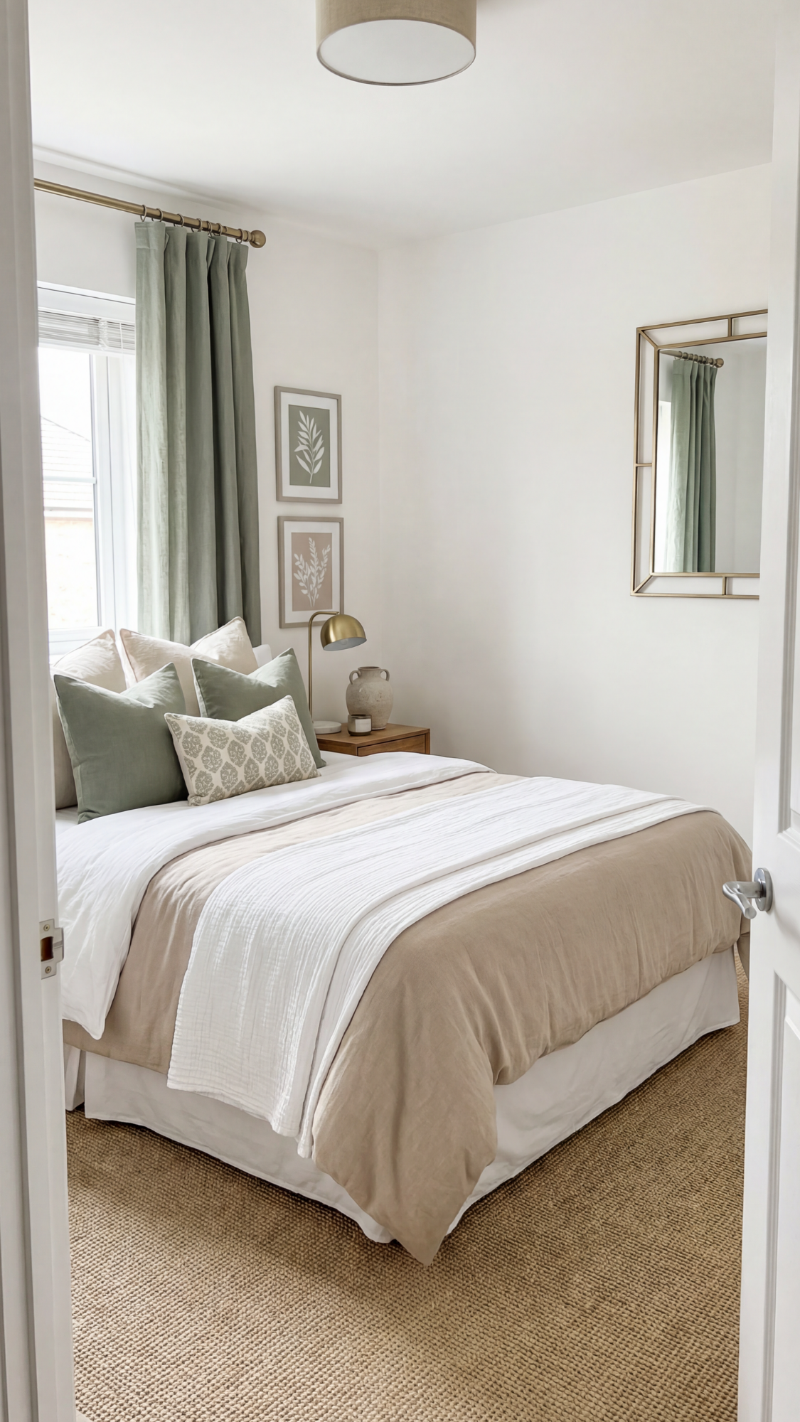 Small bedroom styled in repeating neutrals and soft green accents for a cohesive, uncluttered color palette