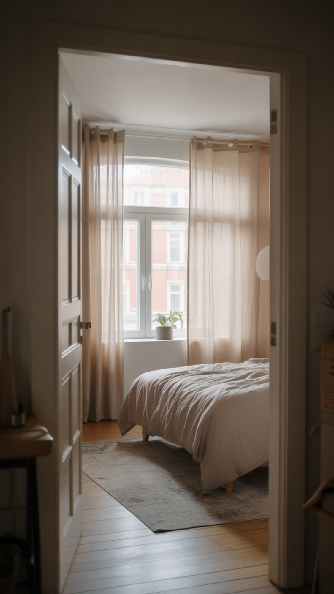 Light small bedroom with white walls, neutral bedding, and soft wood accents showing airy bedroom ideas for small rooms