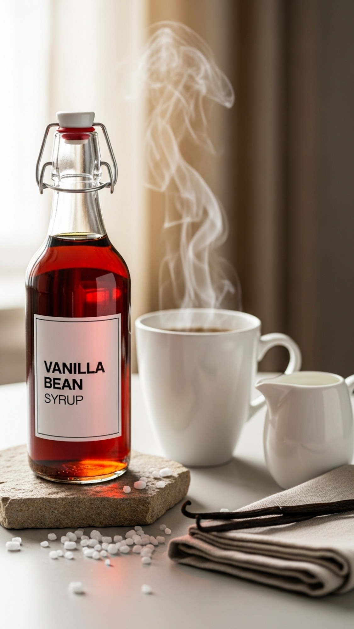 Vanilla Bean Coffee Syrup — amber swing-top bottle labeled vanilla syrup with visible vanilla bean flecks.
