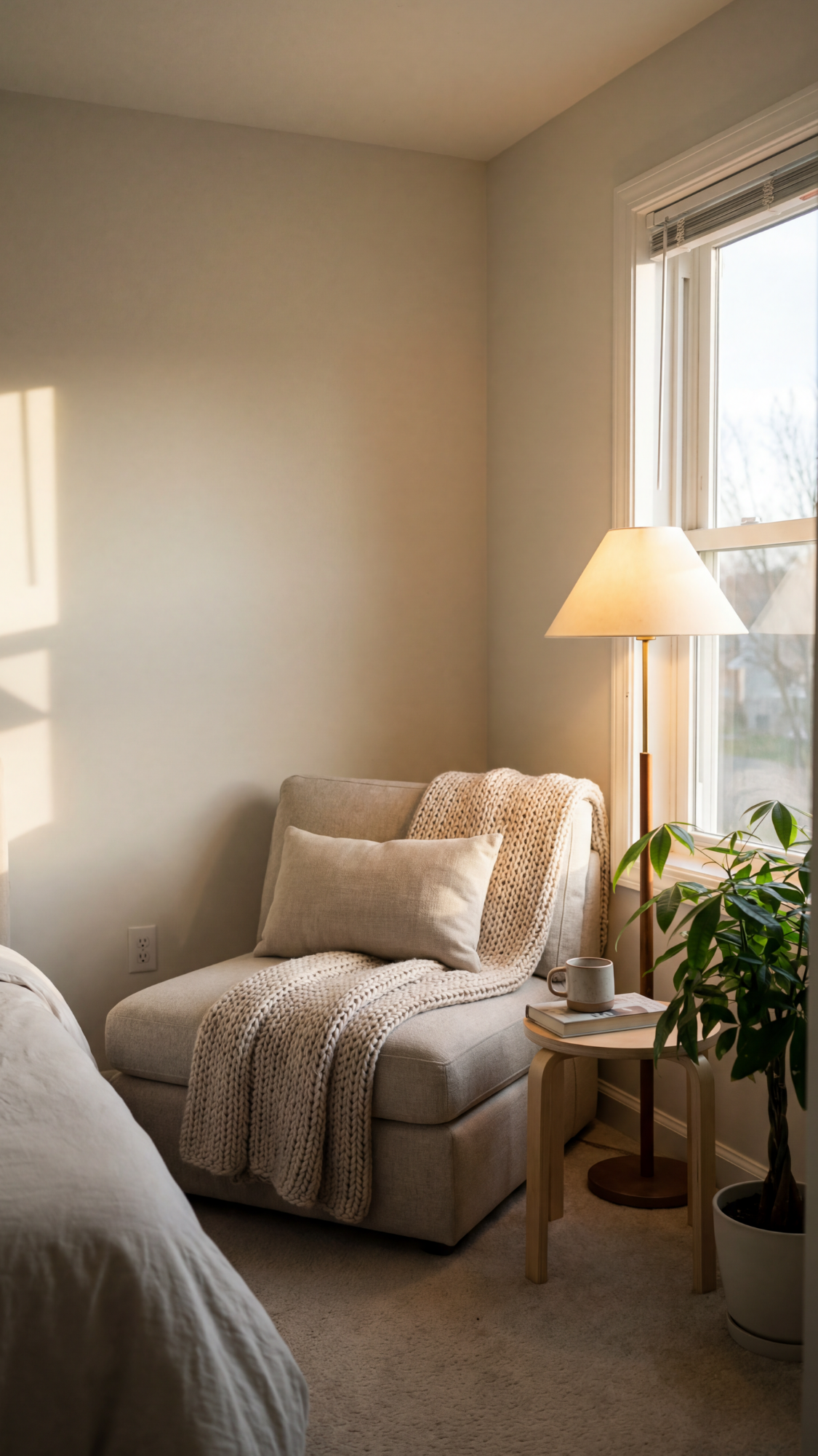 Small bedroom corner with slim accent chair, tiny side table, and floor lamp creating a cozy reading nook