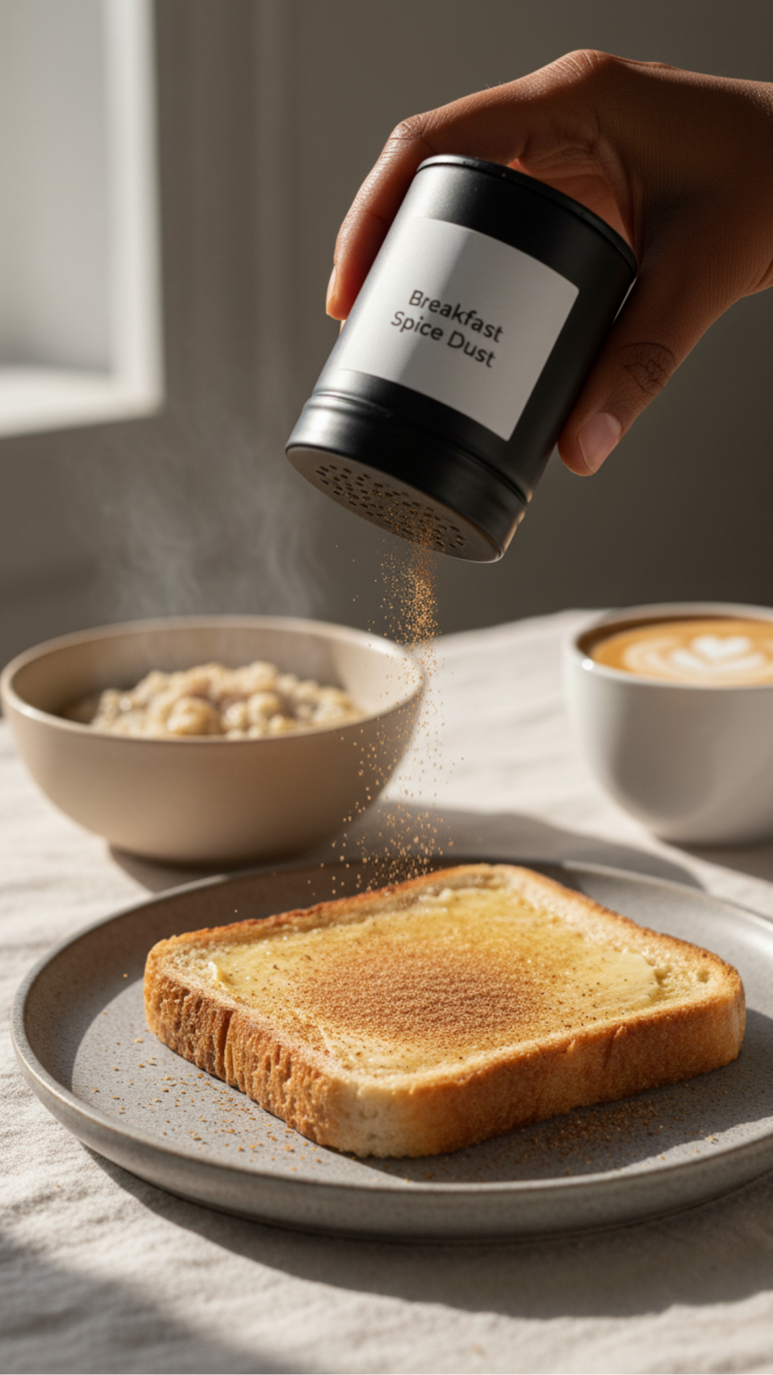Breakfast Spice Dust — small shaker of cinnamon-cardamom sugar with simple “sprinkle on toast and lattes” tag.
