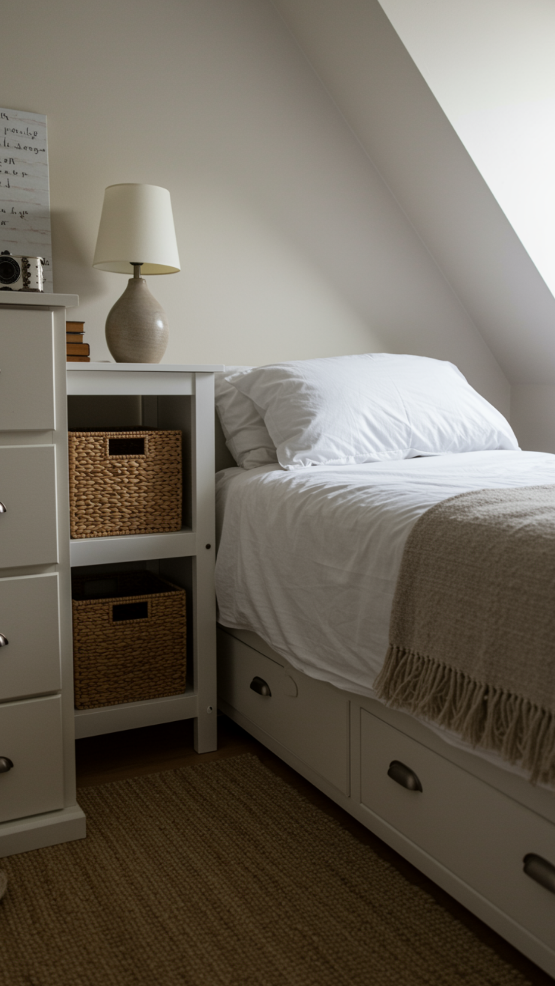 Small bedroom with closed nightstand, dresser drawers, and matching baskets hiding visual clutter for a calmer space