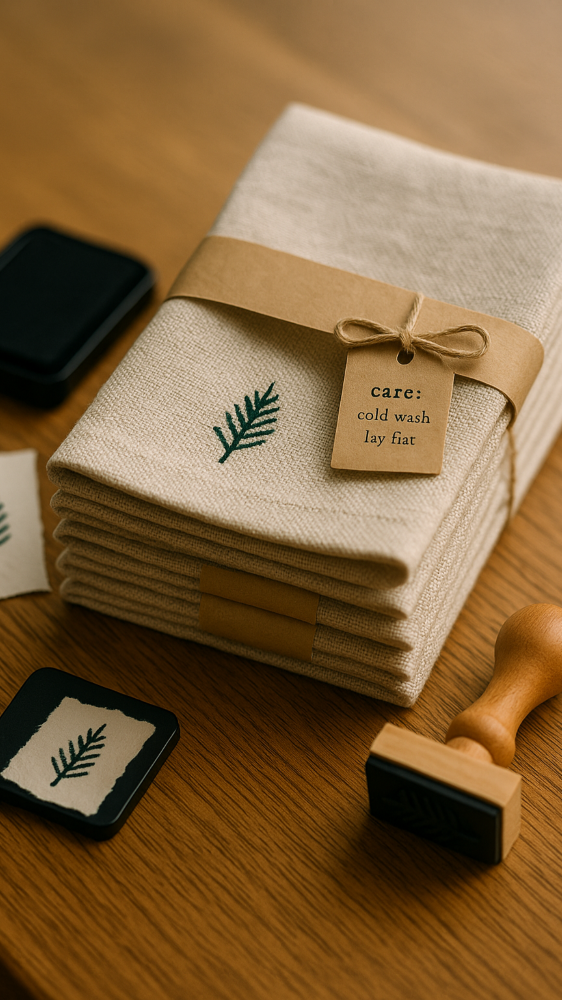 Hand-Stamped Linen Napkins — folded linen napkins with a single corner motif and kraft belly band.
