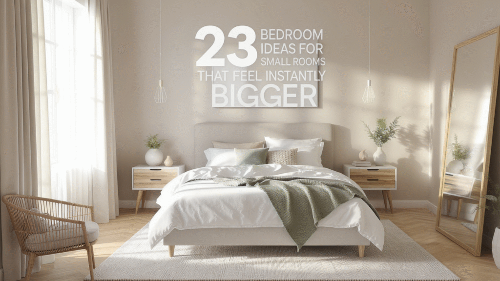 Bright neutral small bedroom with beige walls, upholstered bed, sage throw and pillows, floor-to-ceiling curtains and light wood furniture, styled to show bedroom ideas for small rooms that feel instantly bigger.