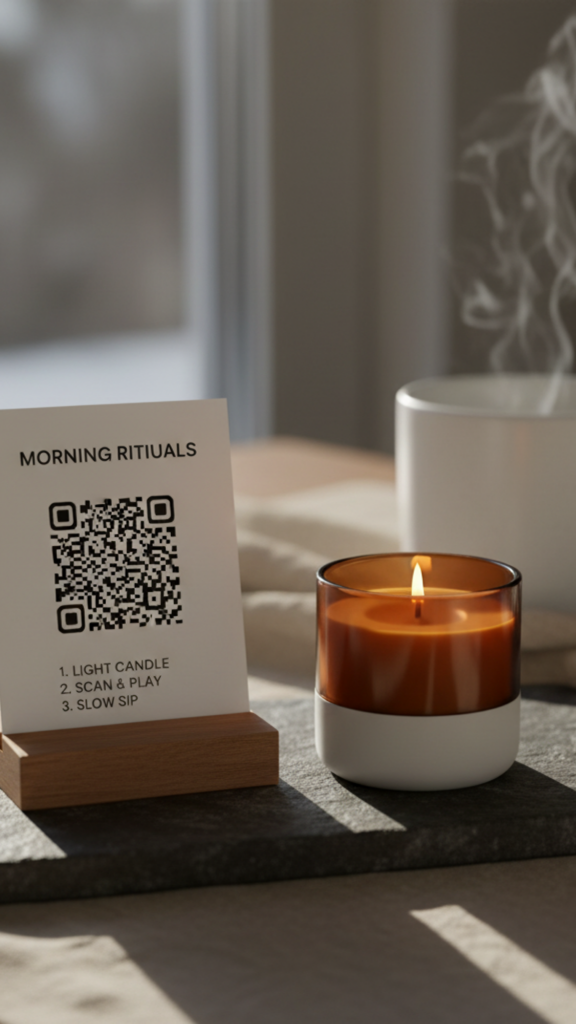 Morning Playlist Card — printed QR playlist card paired with a small candle for a cozy AM set.
