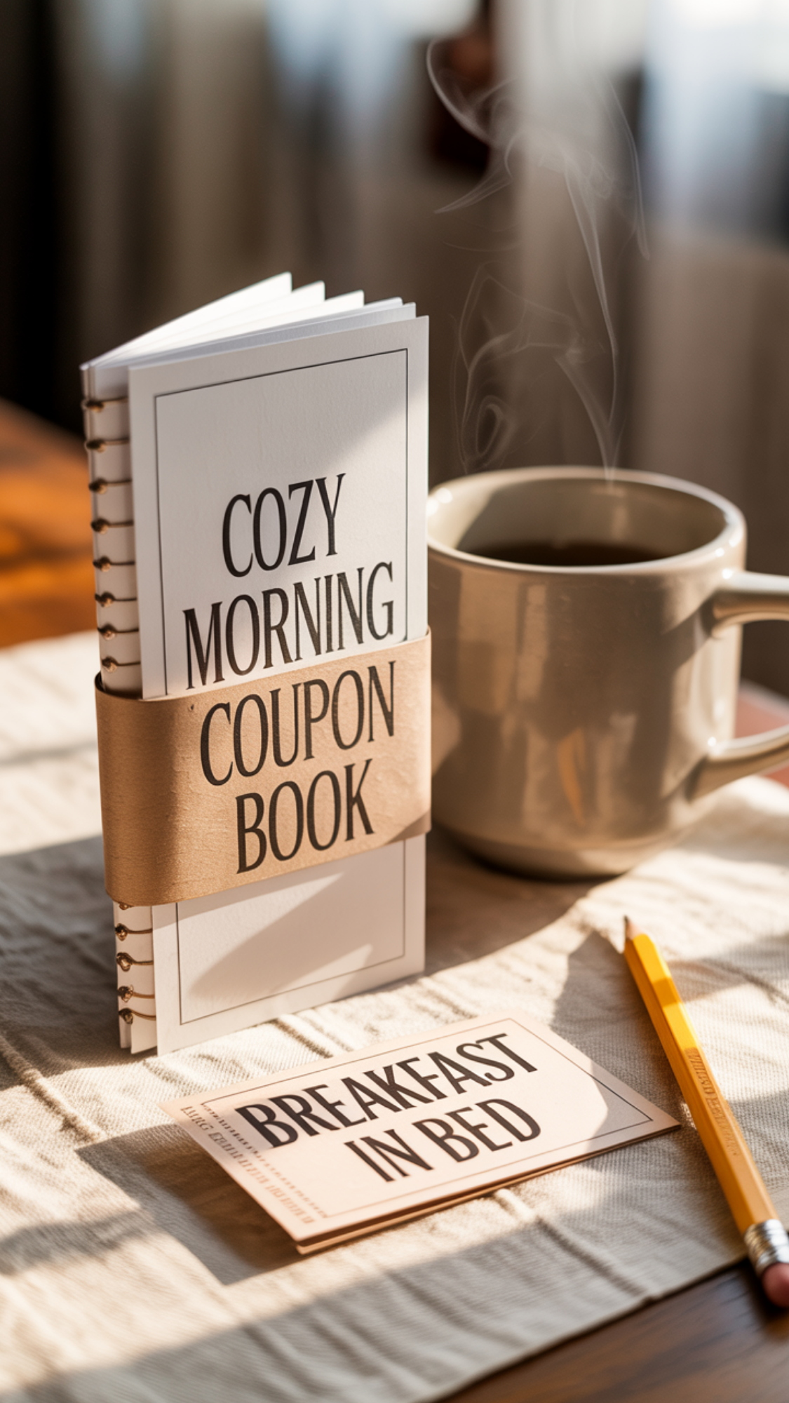 Cozy Morning Coupon Book — tear-off coupon booklet tied with a belly band and numbered tickets.
