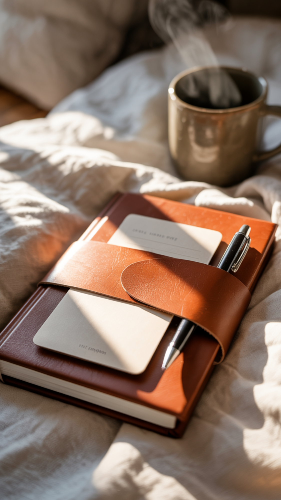Morning Journal + Pen Wrap — A5 journal bundled with faux-leather pen wrap and included gel pen.
