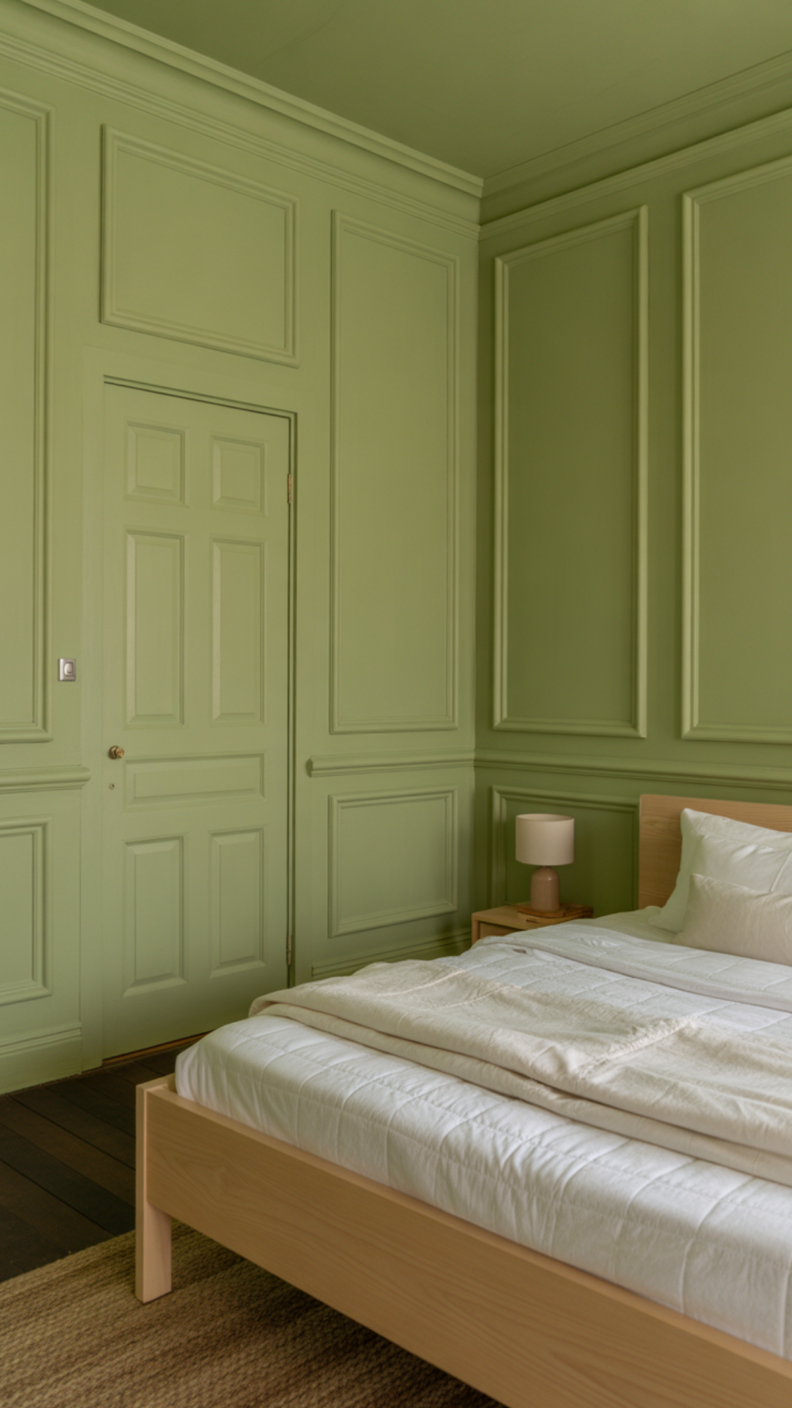 Small bedroom color drenched in soft sage green with matching trim and bedding to make the compact space feel taller