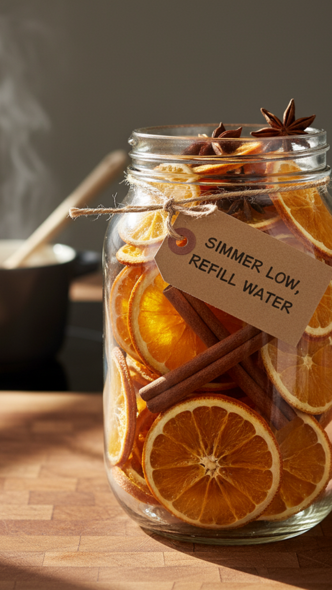 Stovetop Simmer Pot Kit — clear jar packed with dried orange slices, cinnamon sticks, star anise, and cloves.
