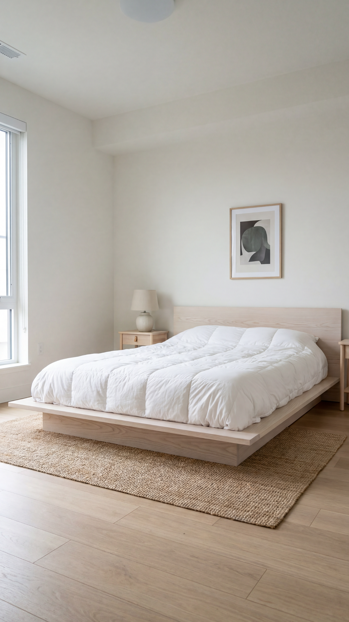 Small bedroom with low profile platform bed and slim nightstands creating an open, uncluttered layout
